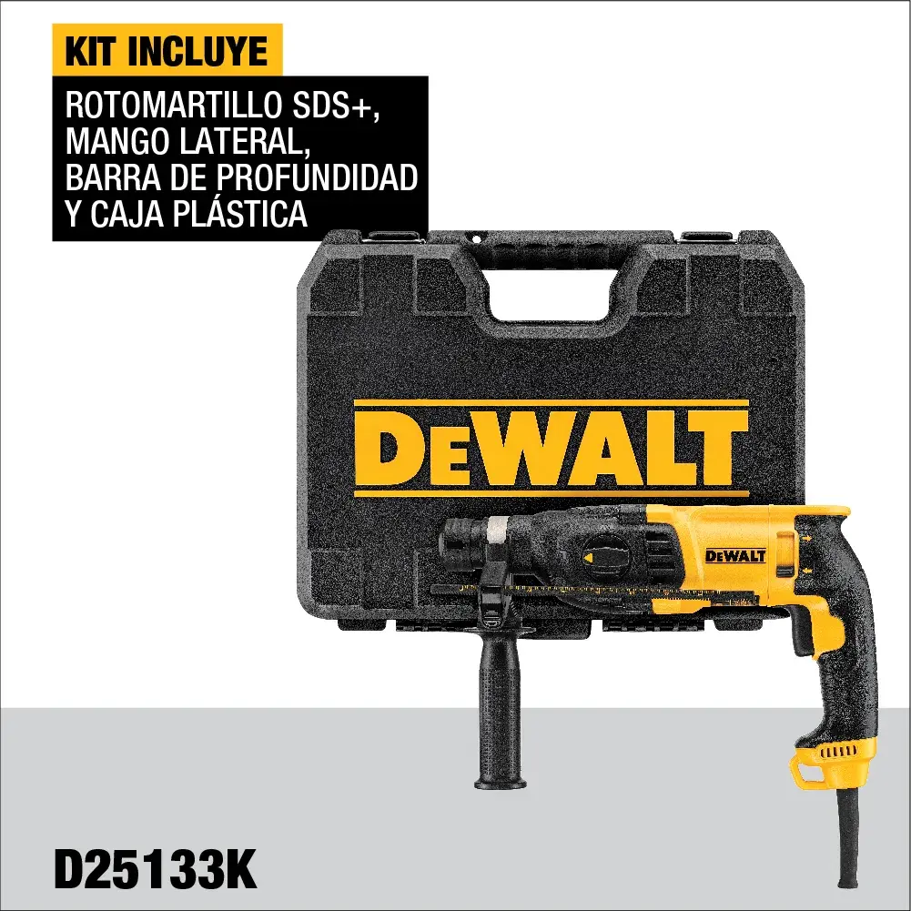 Kit de rotomartillo SDS+ DEWALT D25133K con mango lateral, barra de profundidad y caja plástica, mostrando la herramienta y el estuche sobre fondo blanco.