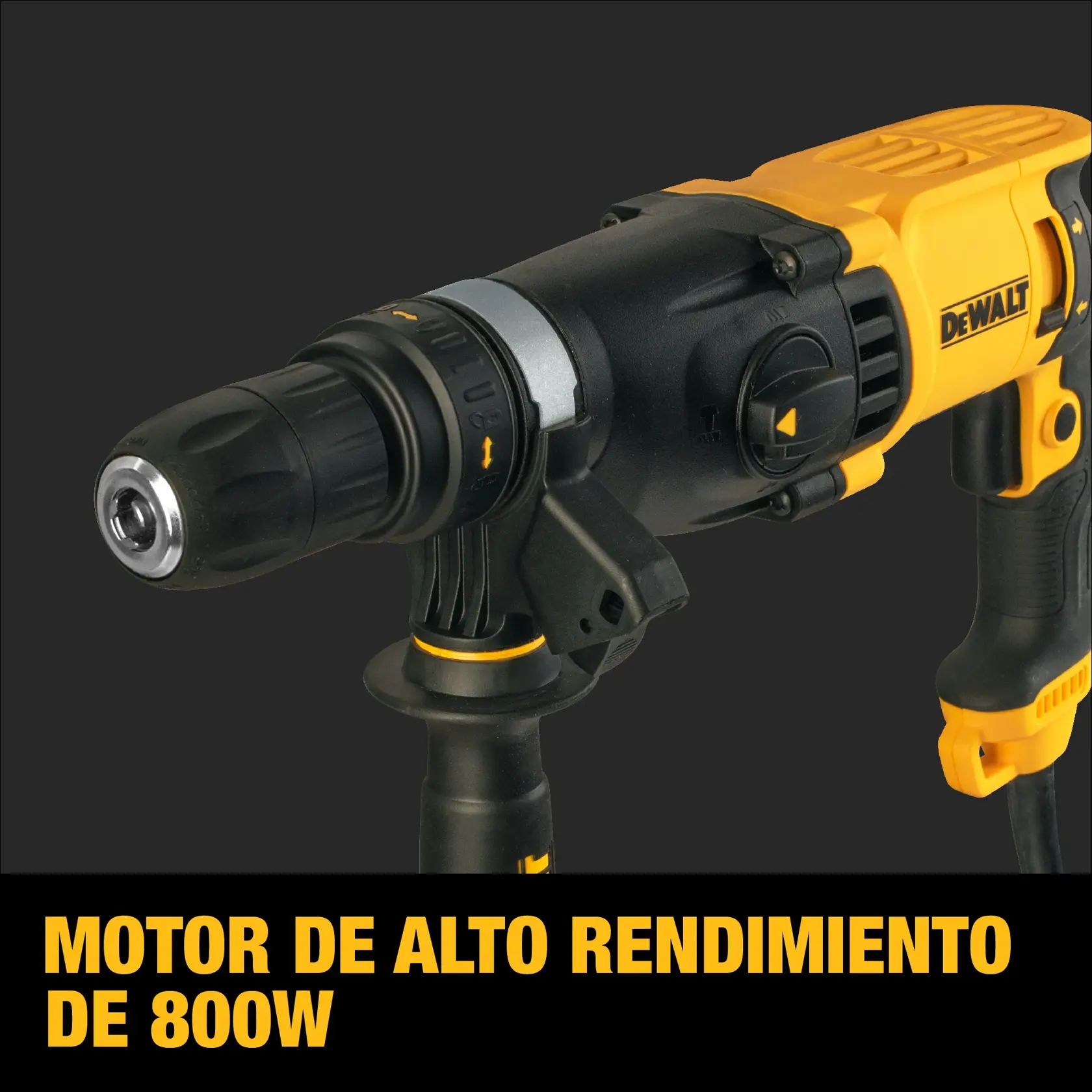 Imagen en primer plano de un taladro eléctrico DEWALT con motor de alto rendimiento de 800W, con diseño en negro y amarillo. La marca y especificaciones del producto son claramente visibles.