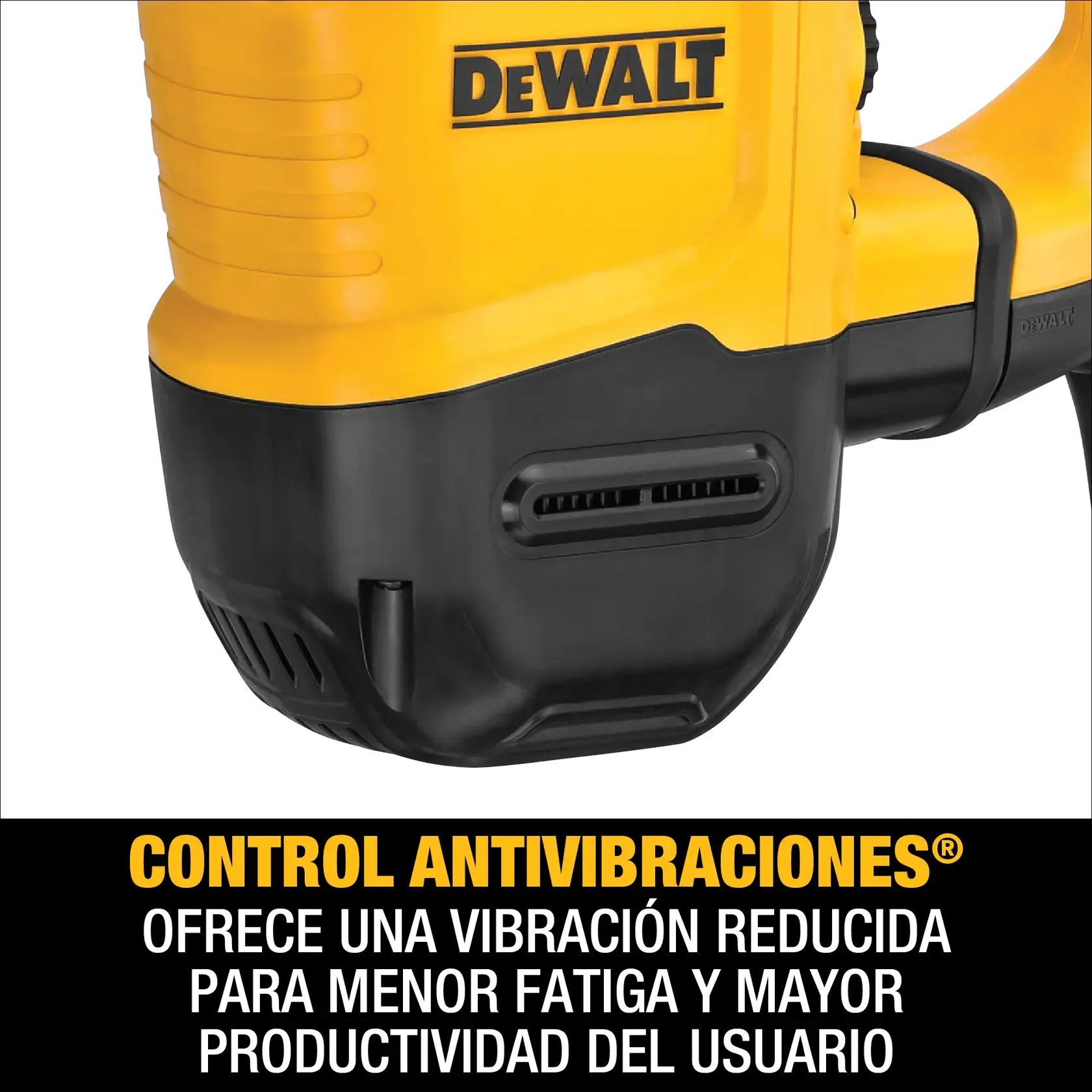 Primer plano de una herramienta eléctrica DEWALT con carcasa amarilla y negra, mostrando el logotipo de la marca y una característica llamada Control Antivibraciones. El texto en español indica que esta característica ofrece una vibración reducida para menor fatiga y mayor productividad del usuario.