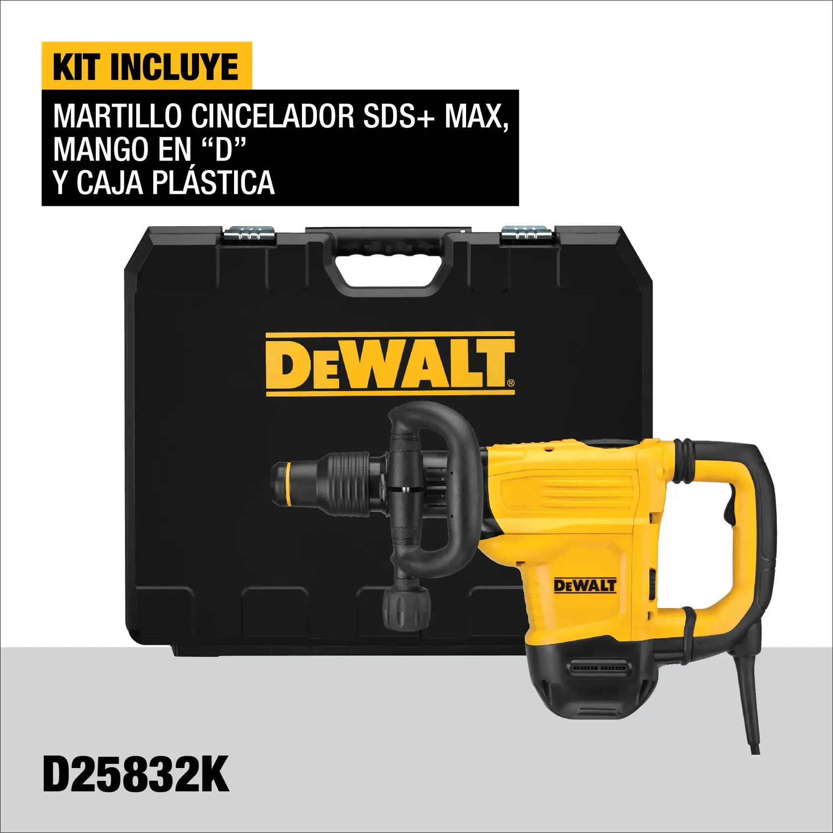 Imagen que muestra un kit de martillo cincelador SDS+ Max de la marca DEWALT, que incluye un martillo amarillo y negro con mango en forma de D y una caja plástica negra. El SKU del producto es D25832K.