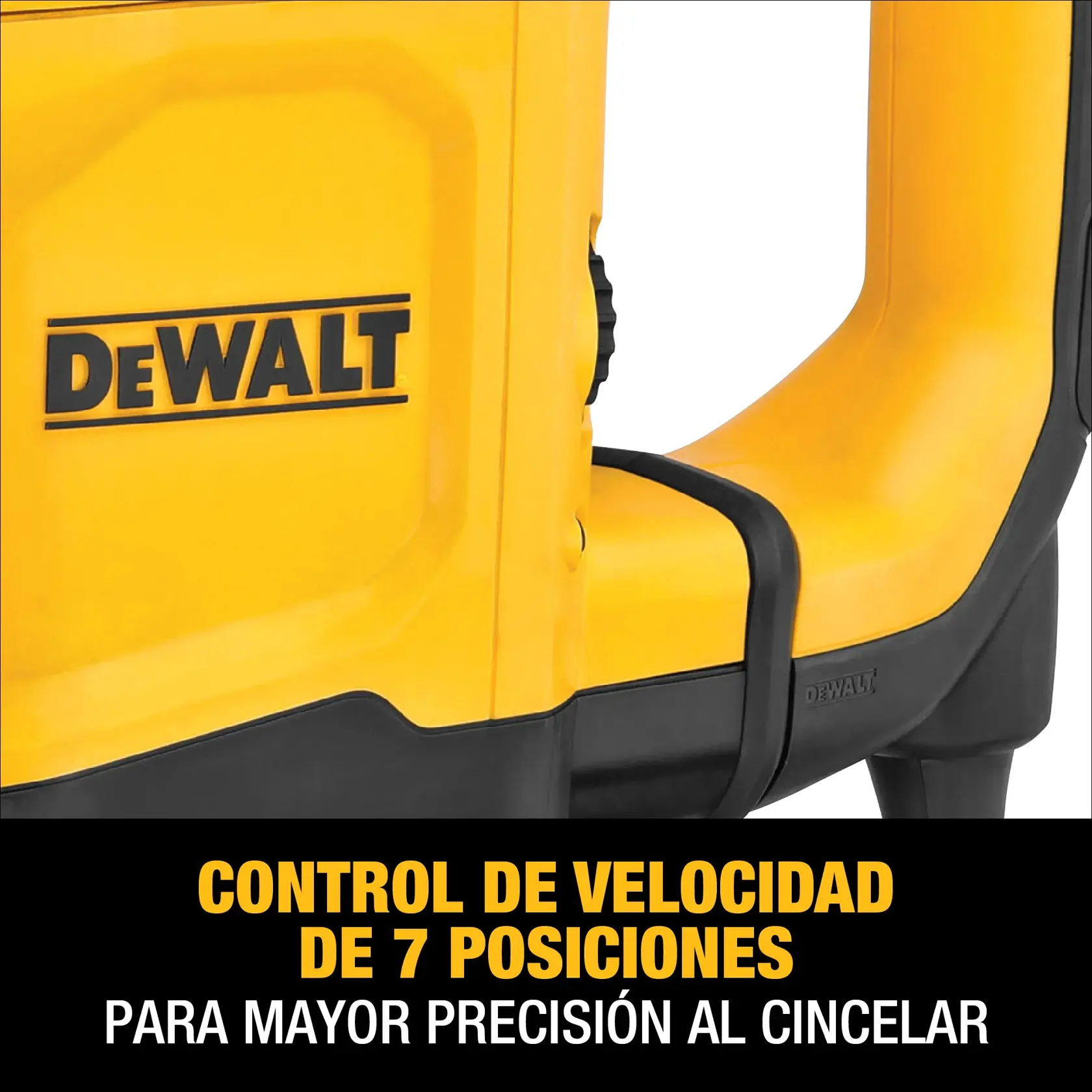 Primer plano de una herramienta eléctrica amarilla DEWALT con el logotipo visible. La imagen destaca la característica: 'Control de velocidad de 7 posiciones para mayor precisión al cincelar'.