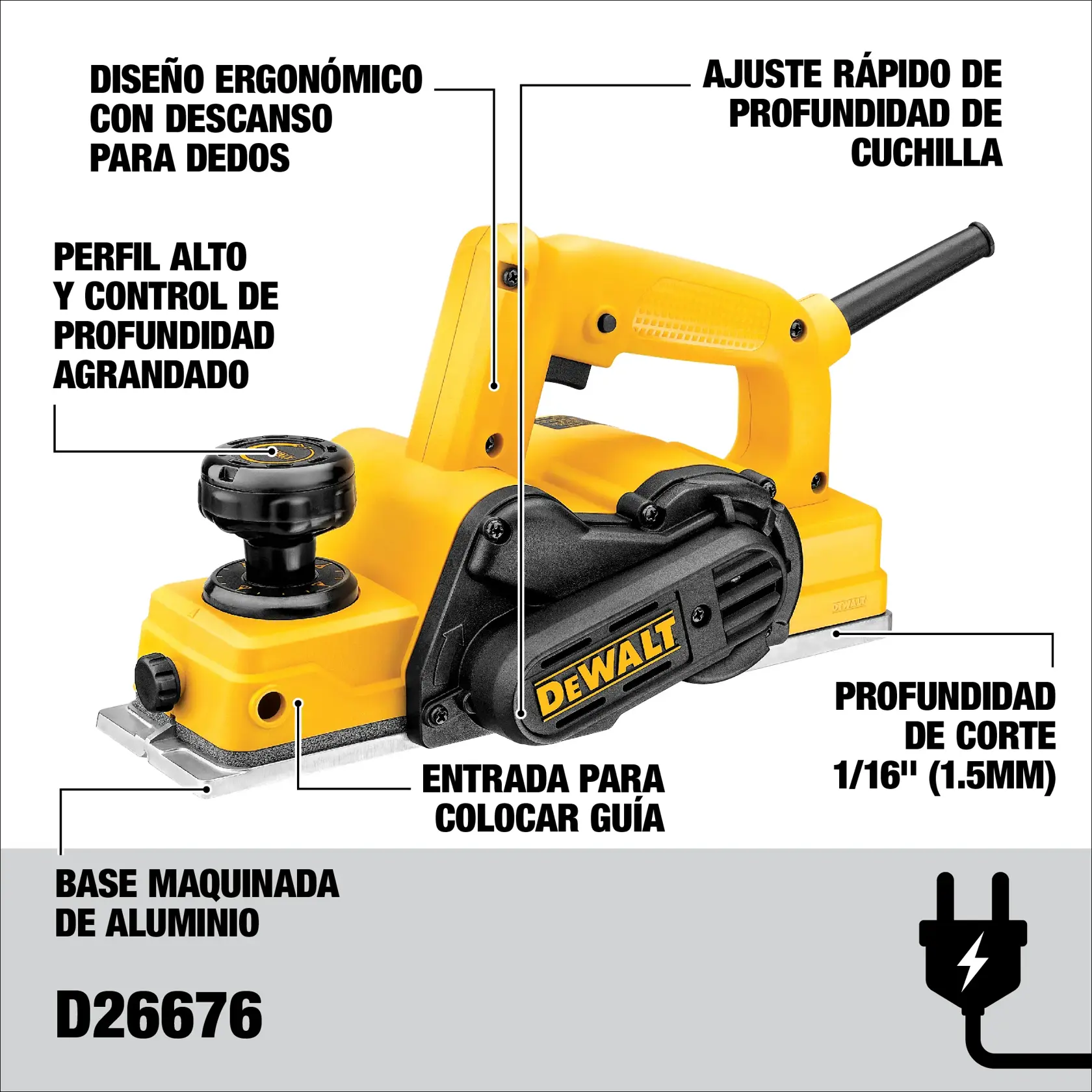 Imagen de una cepilladora eléctrica DEWALT D26676 con características señaladas. La herramienta cuenta con diseño ergonómico con descanso para dedos, perfil alto y control de profundidad agrandado, ajuste rápido de profundidad de cuchilla, entrada para colocar guía, base maquinada de aluminio y profundidad de corte de 1/16'' (1,5 mm).