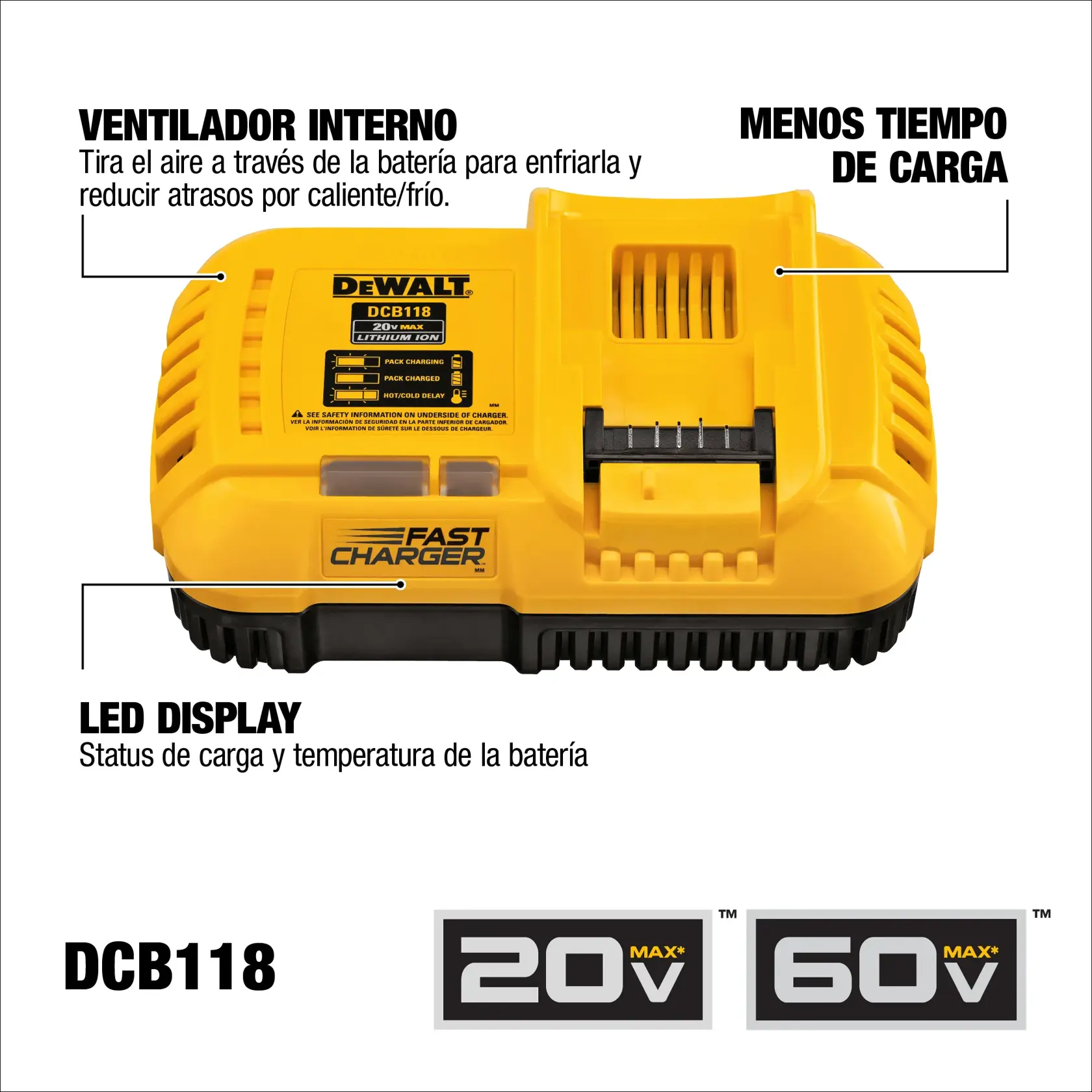 Imagen de un cargador de batería DEWALT DCB118, con características destacadas como ventilador interno para enfriar y reducir retrasos, menor tiempo de carga, y pantalla LED que muestra el estado y la temperatura de la batería. El cargador es compatible con baterías de ion de litio 20V y 60V MAX.