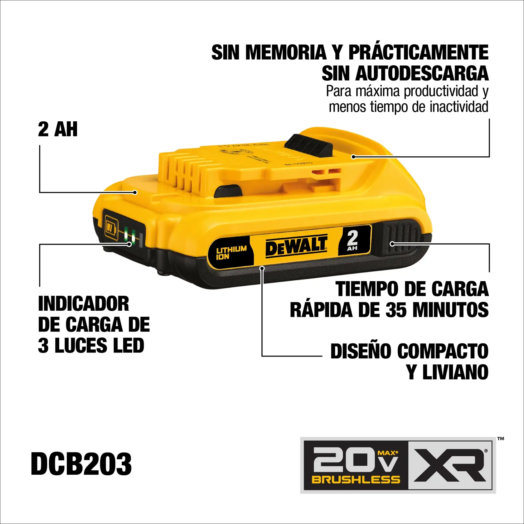 Imagen de una batería de ion de litio DEWALT DCB203 con capacidad de 2 AH. La batería cuenta con un indicador de carga de tres luces LED, diseño compacto y liviano, y tiempo de carga rápida de 35 minutos. Se describe como sin memoria y prácticamente sin autodescarga para máxima productividad y menos tiempo de inactividad. Incluye la marca 20V MAX XR.