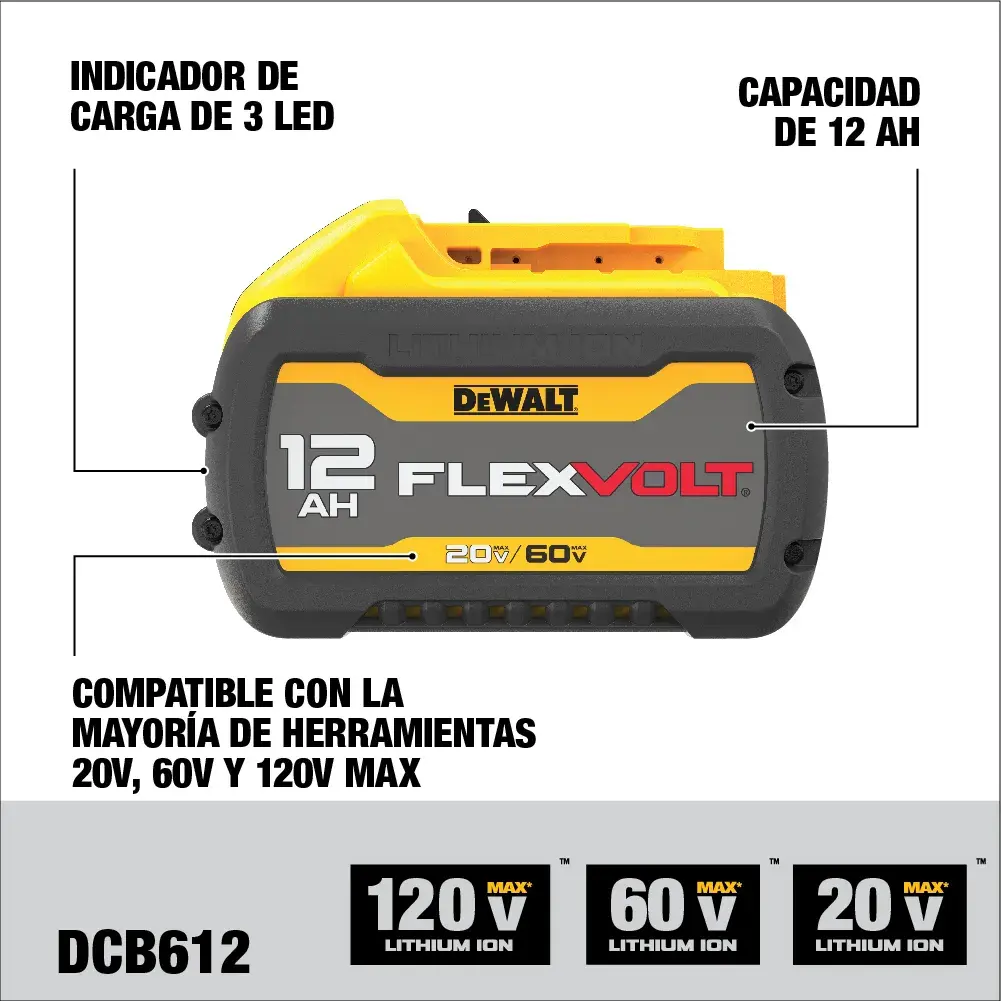 Batería DEWALT DCB612 FLEXVOLT, capacidad de 12 amperes-hora, con indicador de carga LED. Compatible con la mayoría de herramientas de litio-ion 20V, 60V y 120V MAX. Los gráficos del producto destacan características y compatibilidad.
