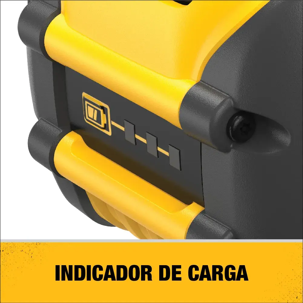 Primer plano de una batería DEWALT DCB612 mostrando las luces del indicador de carga, con diseño amarillo y negro y las palabras 'INDICADOR DE CARGA' debajo.