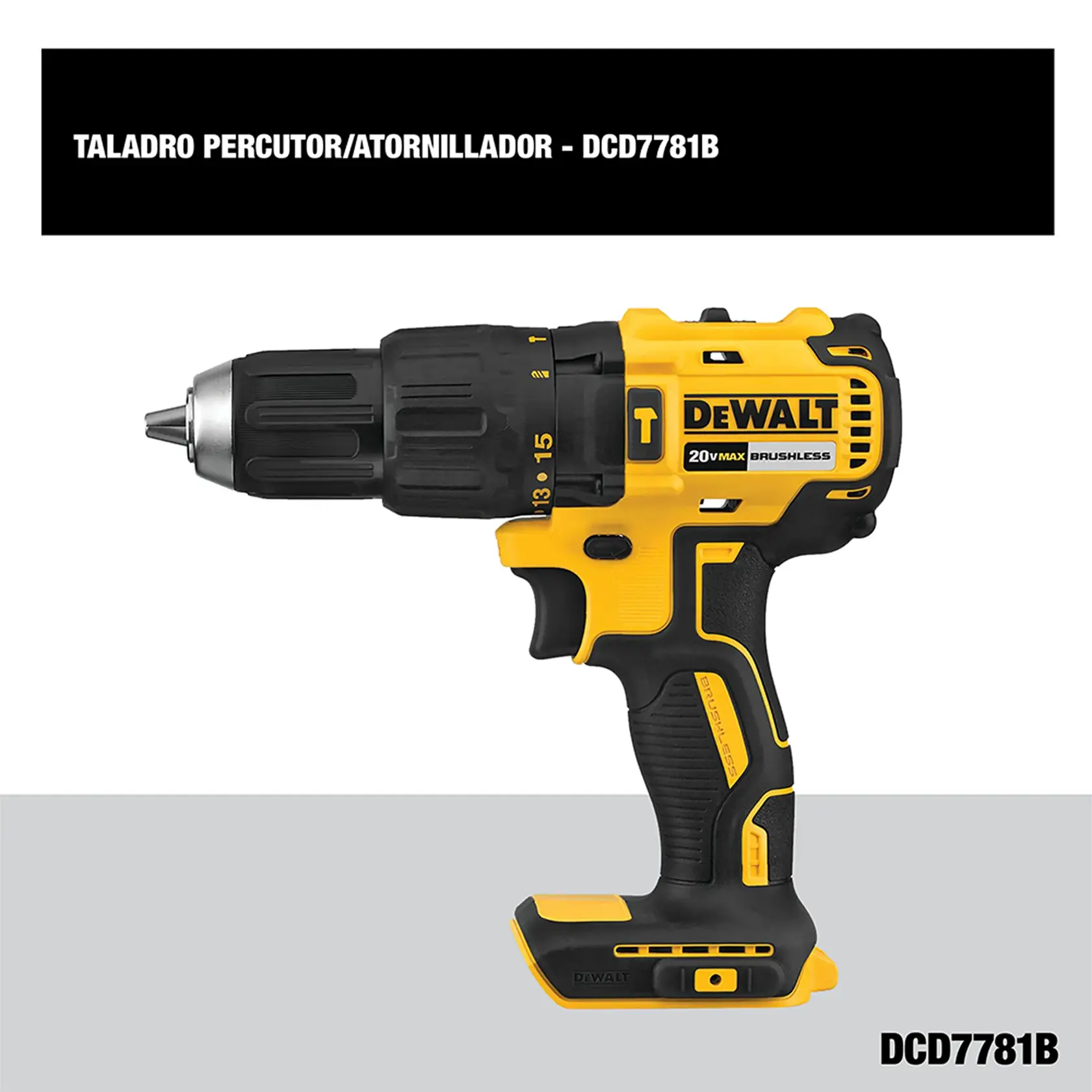 Imagen de un taladro percutor/atornillador inalámbrico DEWALT modelo DCD7781B, con diseño amarillo y negro. La herramienta se muestra de lado, mostrando su mango ergonómico y la etiqueta del motor sin escobillas.