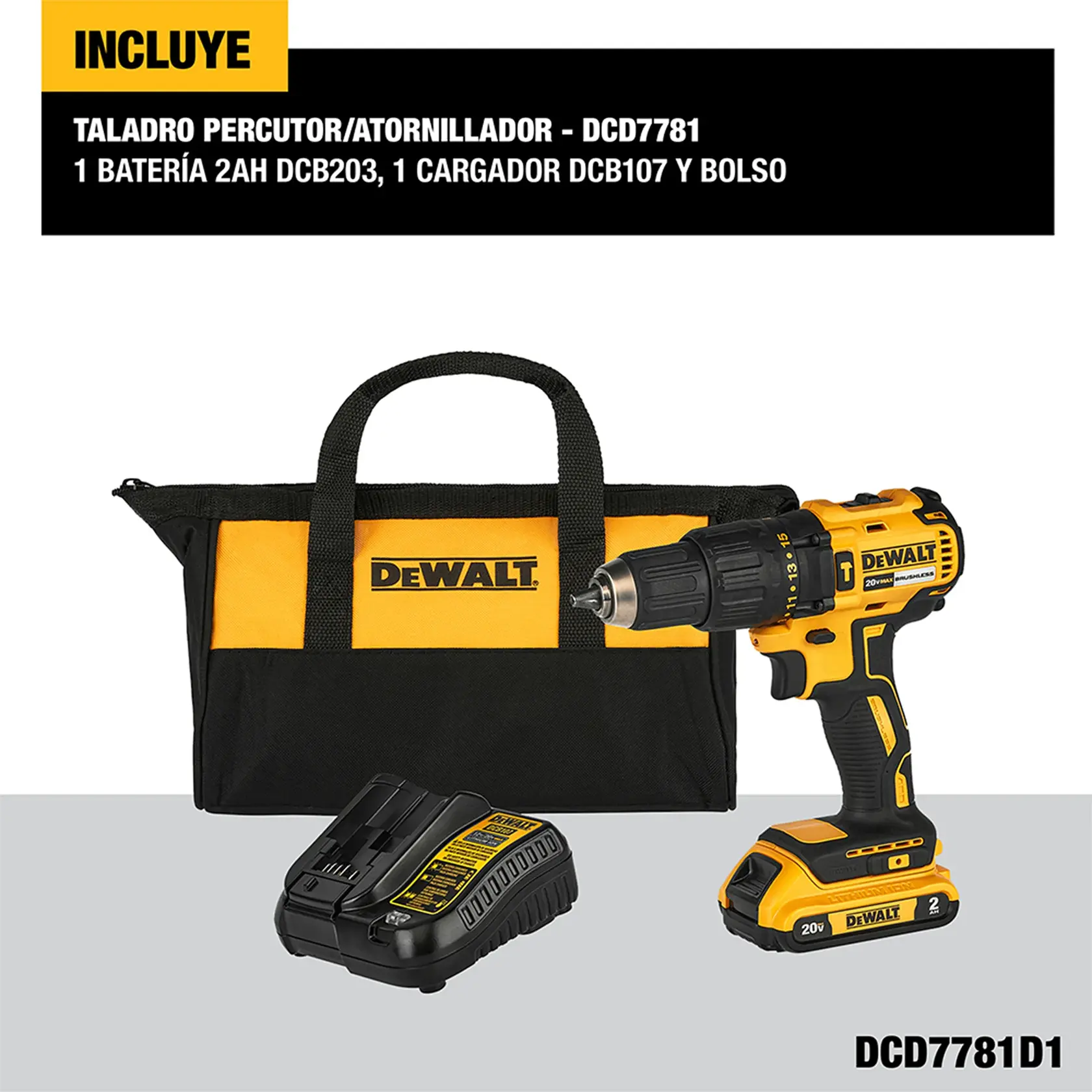 Set de taladro percutor/atornillador inalámbrico DEWALT DCD7781D1, incluye un bolso para herramientas amarillo y negro con el logo DEWALT, un cargador de batería y una batería.