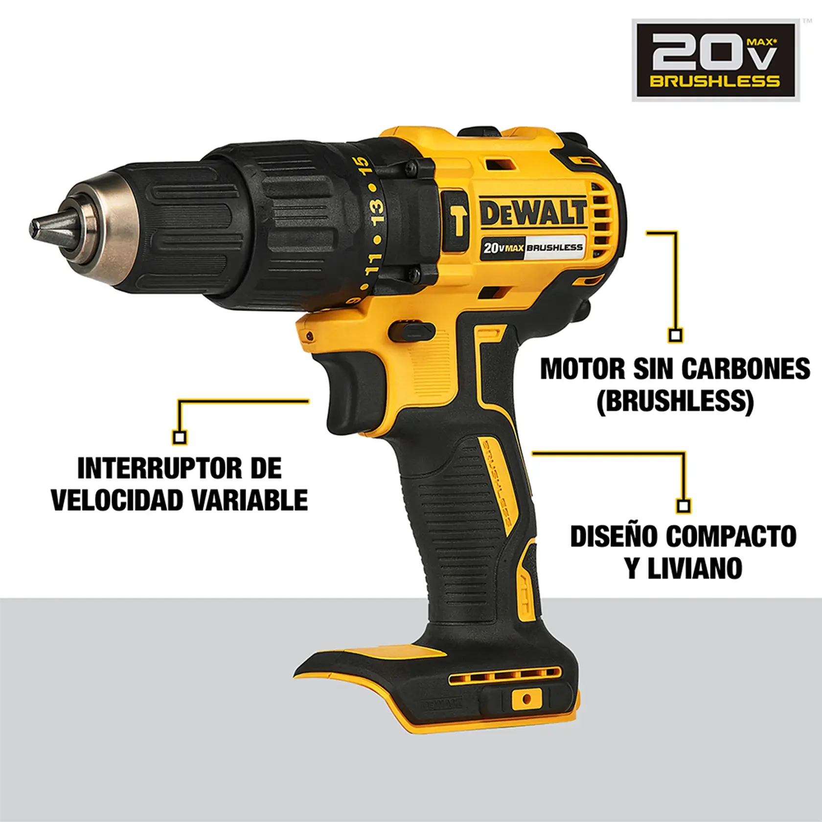 Imagen de un taladro inalámbrico DEWALT 20V Max brushless en color amarillo y negro con interruptor de velocidad variable, motor sin carbones y diseño compacto y liviano. Las características principales están señaladas en español.