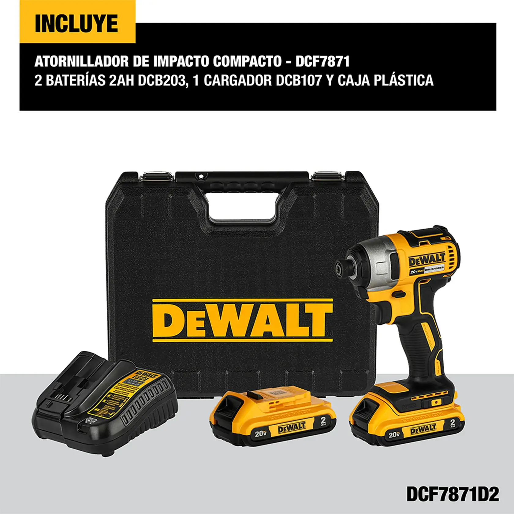 Kit de atornillador de impacto compacto DEWALT DCF7871D2 mostrado con un estuche rígido, dos baterías de 20V 2Ah, un cargador y la herramienta atornilladora de diseño negro y amarillo.