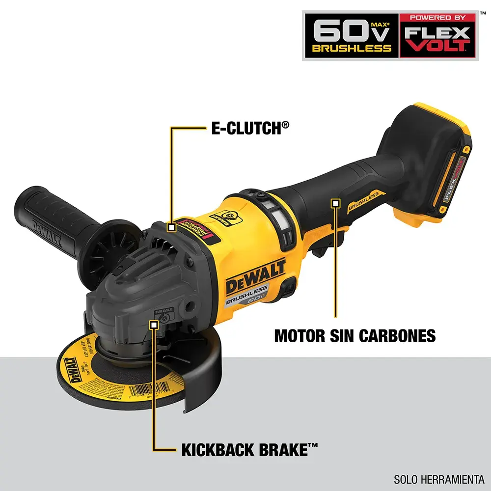 Esmeriladora angular inalámbrica DEWALT modelo DCG418X2, mostrada con características etiquetadas como E-Clutch, motor sin carbones y Kickback Brake. La herramienta pertenece a la serie 60V MAX FlexVolt. Solo se muestra la herramienta, sin batería ni accesorios.