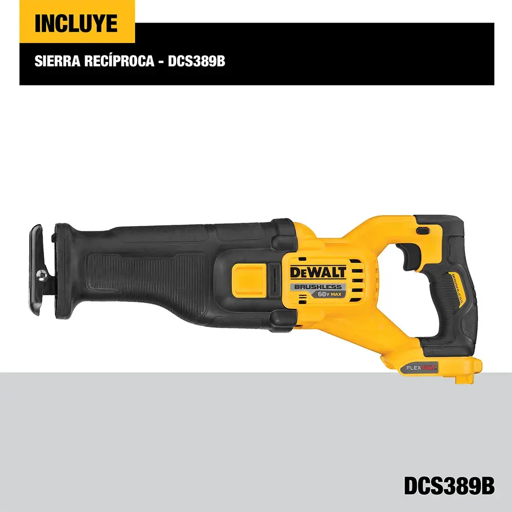 Imagen de una sierra recíproca DEWALT modelo DCS389B. La herramienta es principalmente de color amarillo y negro, con la marca DEWALT y el etiquetado de motor sin escobillas. El producto se muestra en posición horizontal sobre un fondo blanco y gris, con un texto adicional que indica que está incluido.
