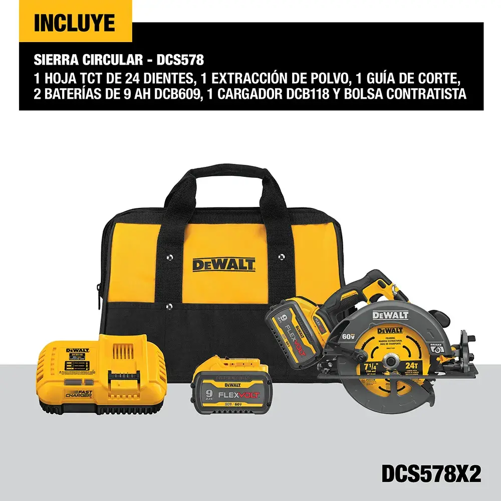 Kit de sierra circular DEWALT modelo DCS578X2. La imagen muestra una bolsa contratista amarilla y negra, una sierra circular, dos baterías de 9Ah, un cargador y accesorios para extracción de polvo y guía de corte. También se puede ver la información del producto en español.