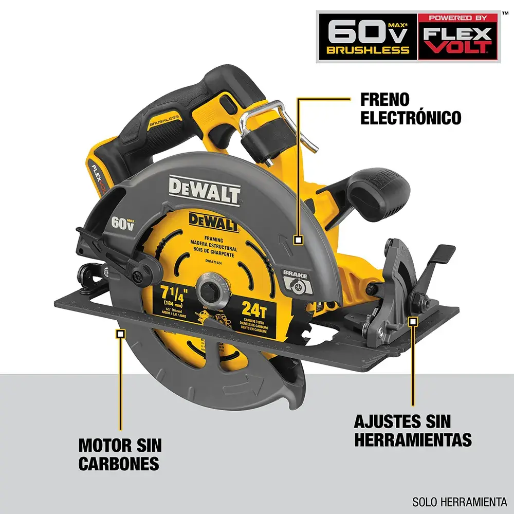 Sierra circular inalámbrica DEWALT DCS578X2 FlexVolt 60V con motor sin carbones, mostrada en amarillo y negro. Las características destacadas incluyen freno electrónico, ajustes sin herramientas y motor sin carbones. La sierra tiene una hoja de 7-1/4 pulgadas y está rotulada como 'solo herramienta.'
