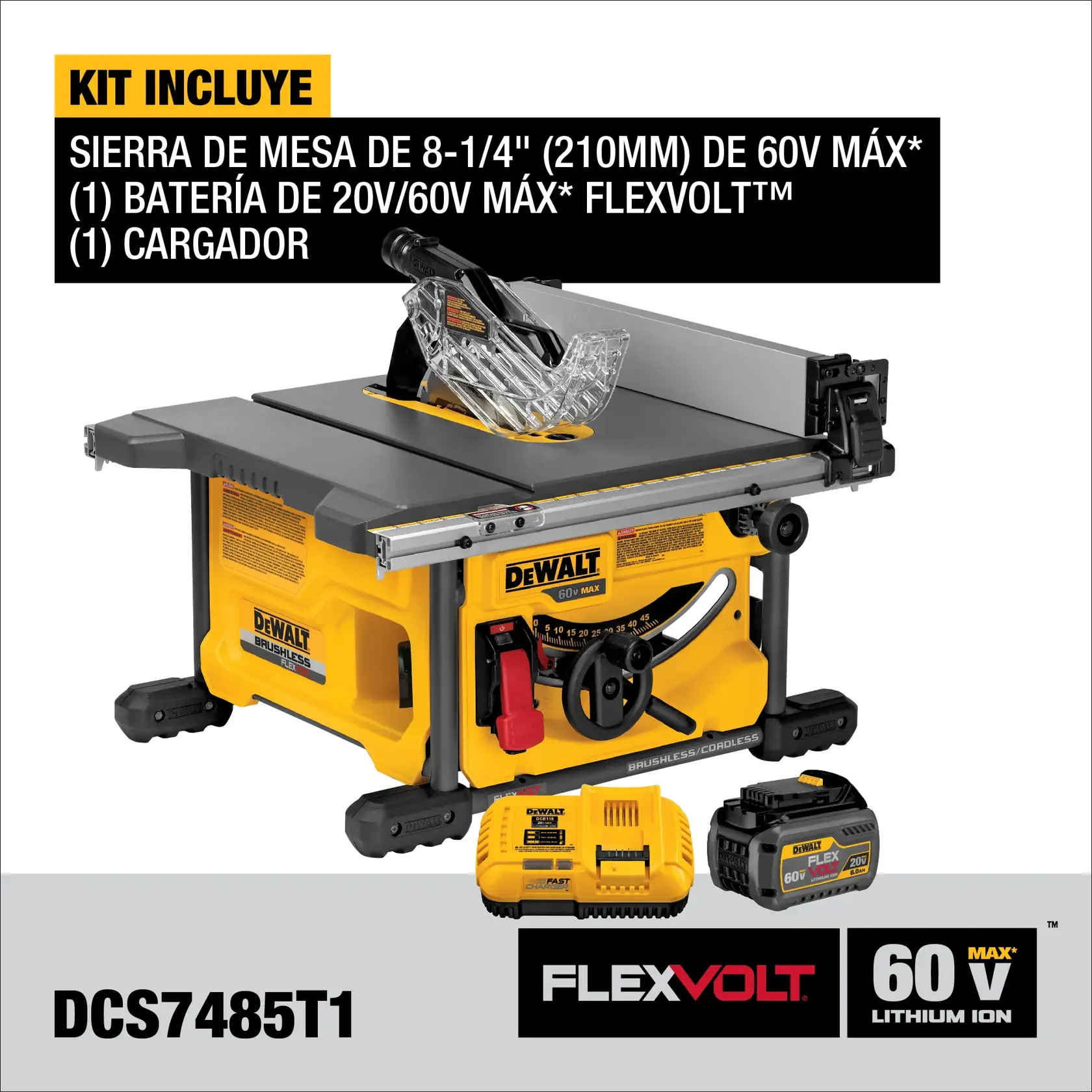 Imagen que muestra un kit DEWALT que incluye una sierra de mesa color amarilla y negra modelo DCS7485T1, una batería de iones de litio Flexvolt de 20V/60V y un cargador. La sierra de mesa tiene motor sin escobillas y tamaño de 8-1/4 pulgadas (210mm). Los detalles del kit se muestran en español con el logotipo del producto en la parte inferior.