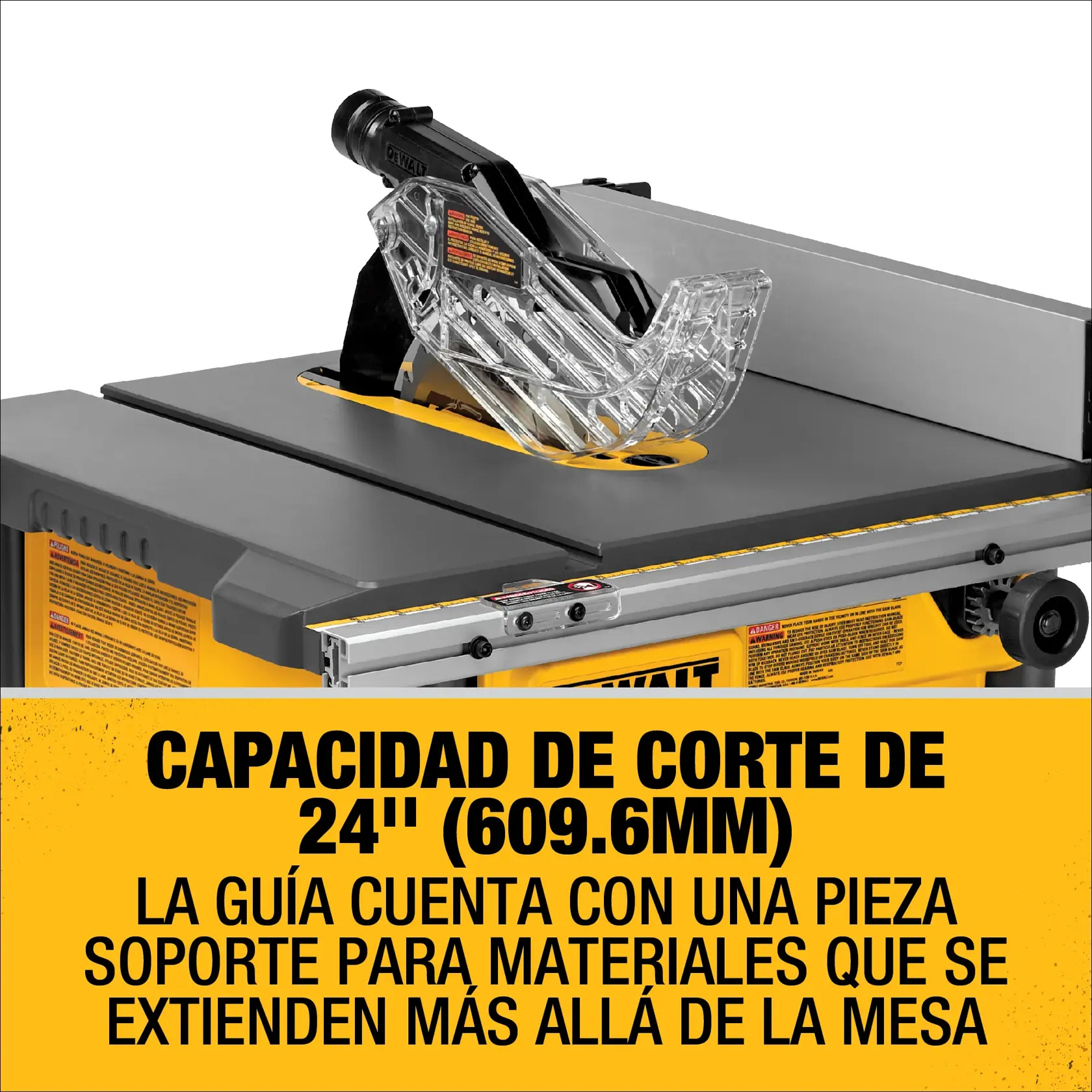 Sierra de mesa DEWALT con protector de hoja transparente y capacidad de corte extendida de 24 pulgadas (609.6 mm). La guía cuenta con una pieza soporte para materiales que se extienden más allá de la mesa.