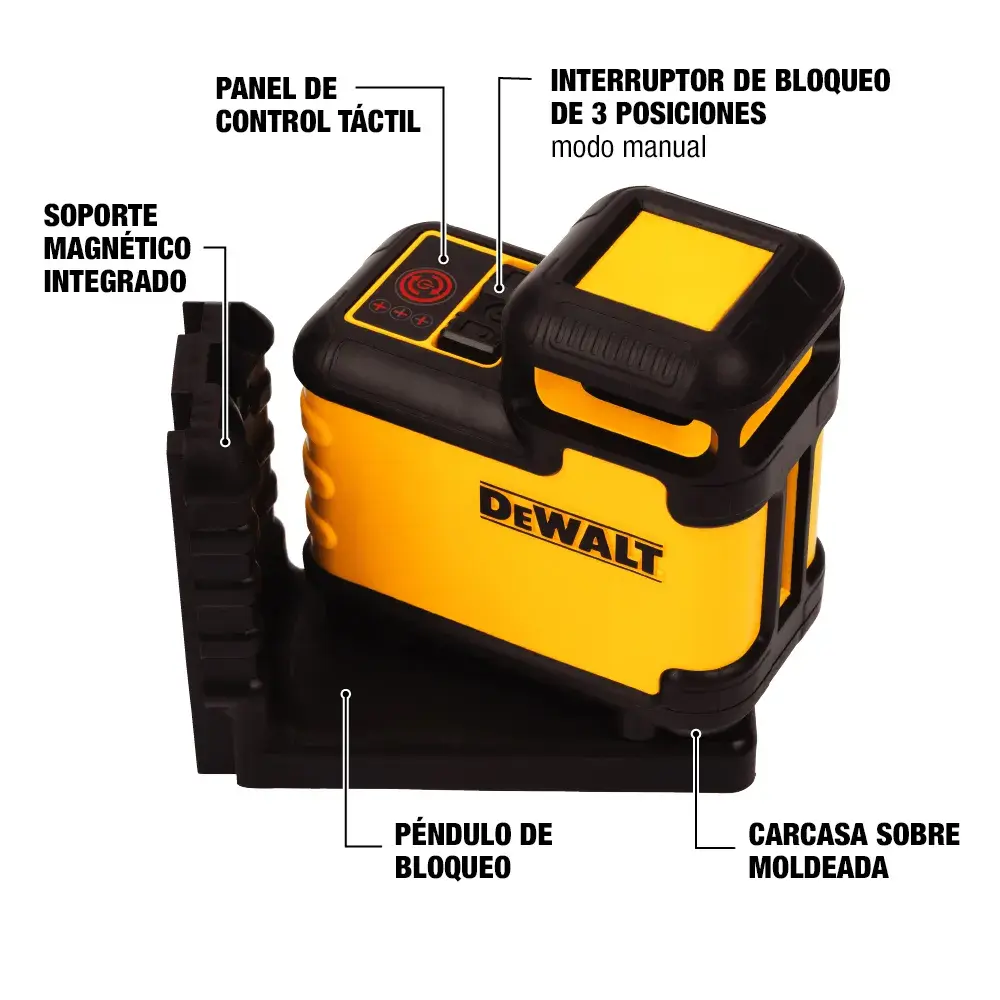 Imagen de un gráfico DEWALT DW03601 que muestra un dispositivo amarillo y negro con características etiquetadas como panel de control táctil, interruptor de bloqueo de 3 posiciones en modo manual, soporte magnético integrado, péndulo de bloqueo y carcasa sobremoldeada.