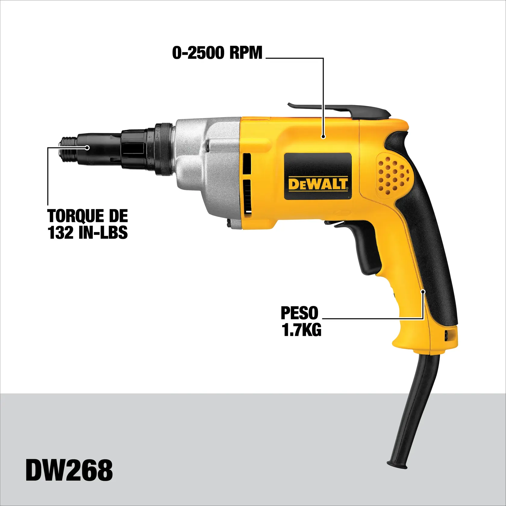 Imagen de un destornillador eléctrico DEWALT DW268 con características resaltadas: torque de 132 in-lbs, rango de velocidad de 0-2500 RPM y un peso de 1.7 kg.