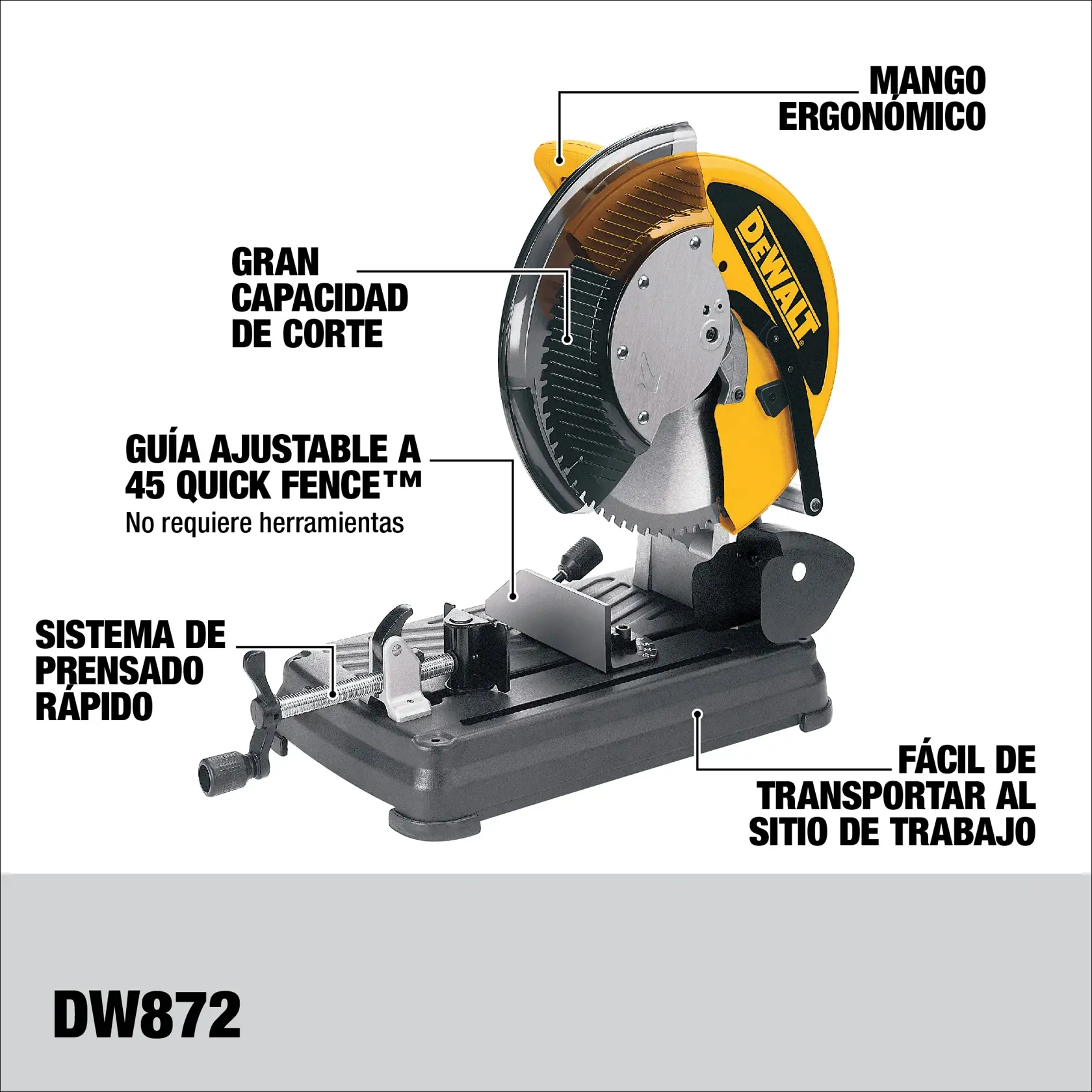 Sierra de corte de metal DEWALT DW872 con mango ergonómico, gran capacidad de corte, guía ajustable a 45 grados (Quick Fence™), sistema de prensado rápido y fácil de transportar al sitio de trabajo.