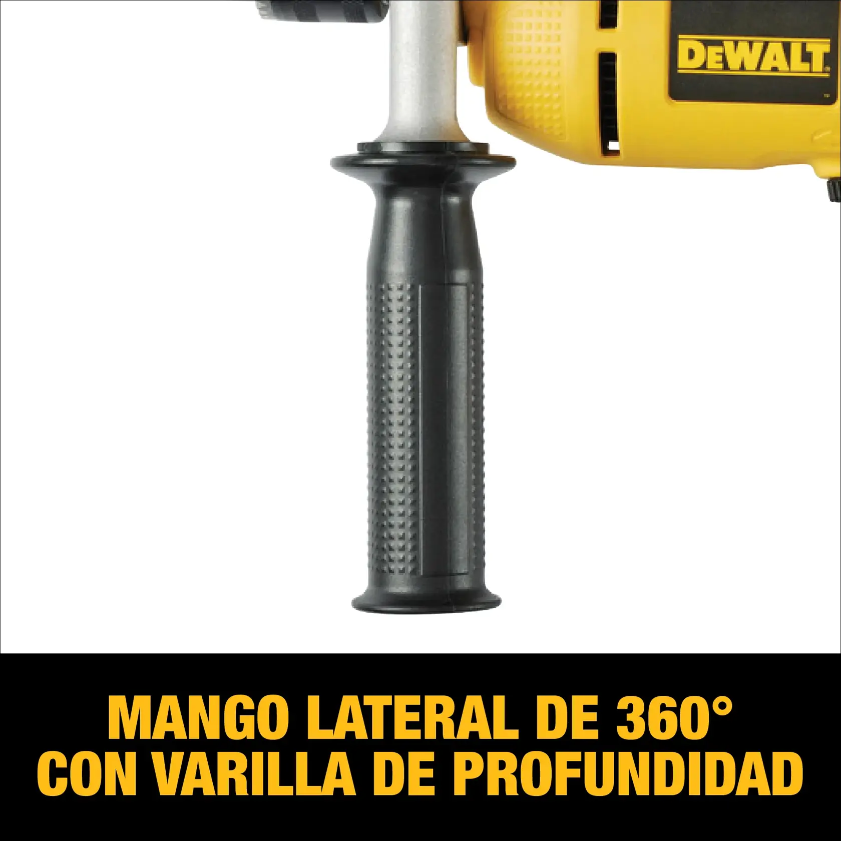 Primer plano de una herramienta eléctrica DEWALT mostrando un mango lateral de 360° con varilla de profundidad. El texto debajo en español dice: 'Mango lateral de 360° con varilla de profundidad.'
