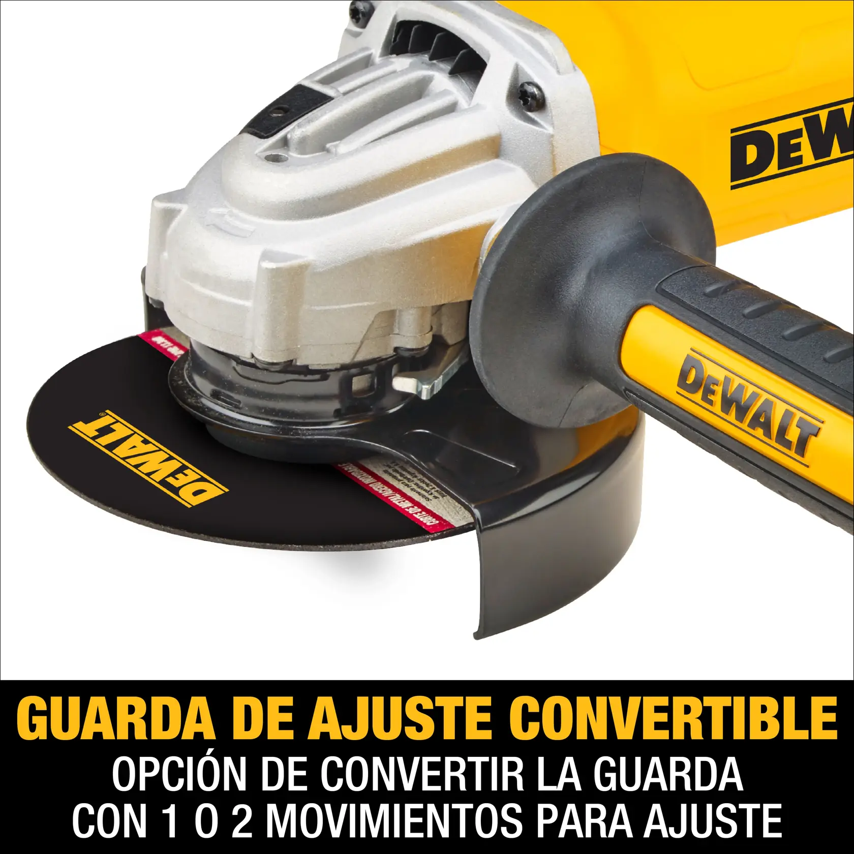 Imagen en primer plano de una amoladora angular DEWALT, mostrando una guarda de ajuste convertible. El texto en español dice: 'GUARDA DE AJUSTE CONVERTIBLE. OPCIÓN DE CONVERTIR LA GUARDA CON 1 O 2 MOVIMIENTOS PARA AJUSTE.'