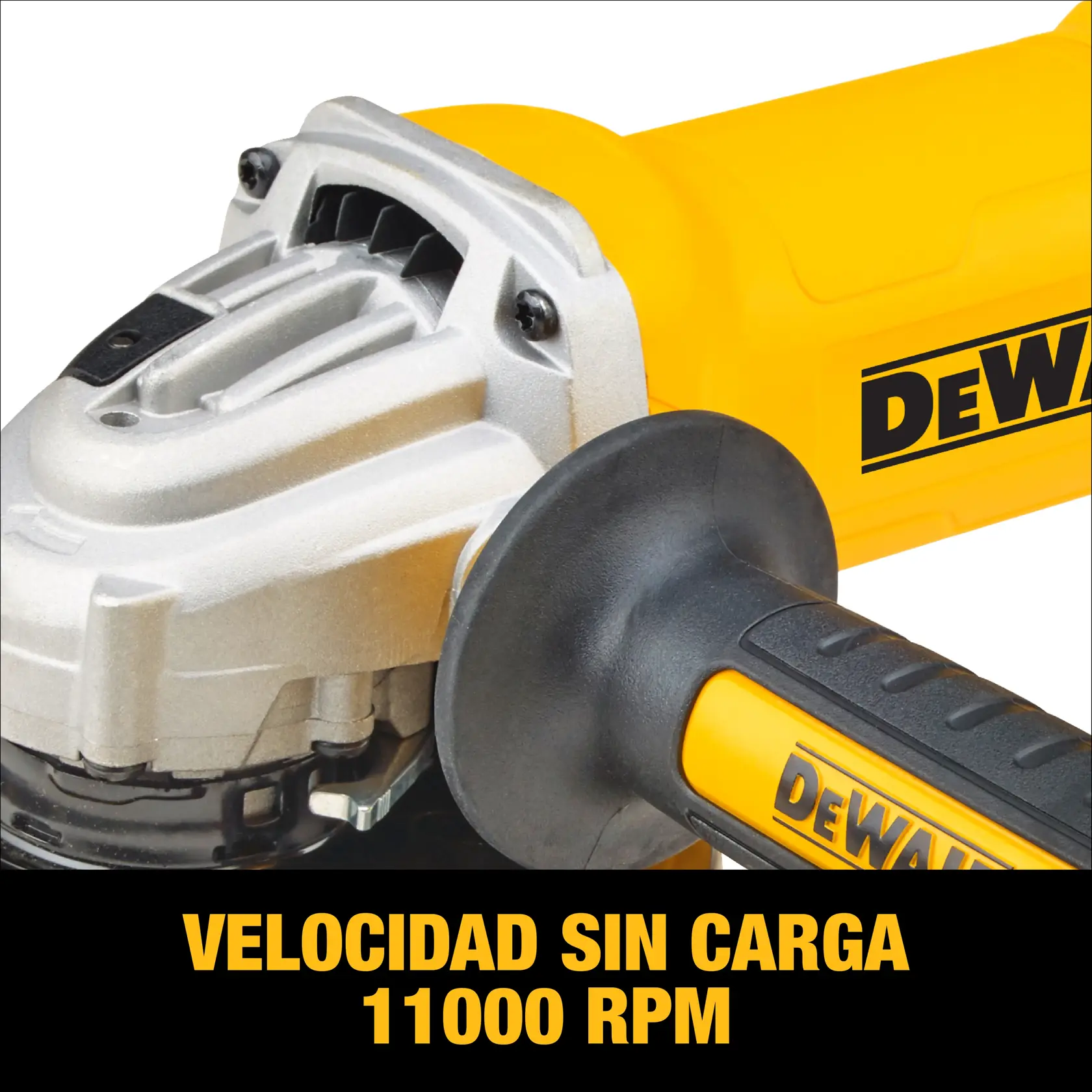 Imagen en primer plano de una amoladora angular DEWALT con mango amarillo y negro. El texto en español indica una velocidad sin carga de 11,000 RPM.