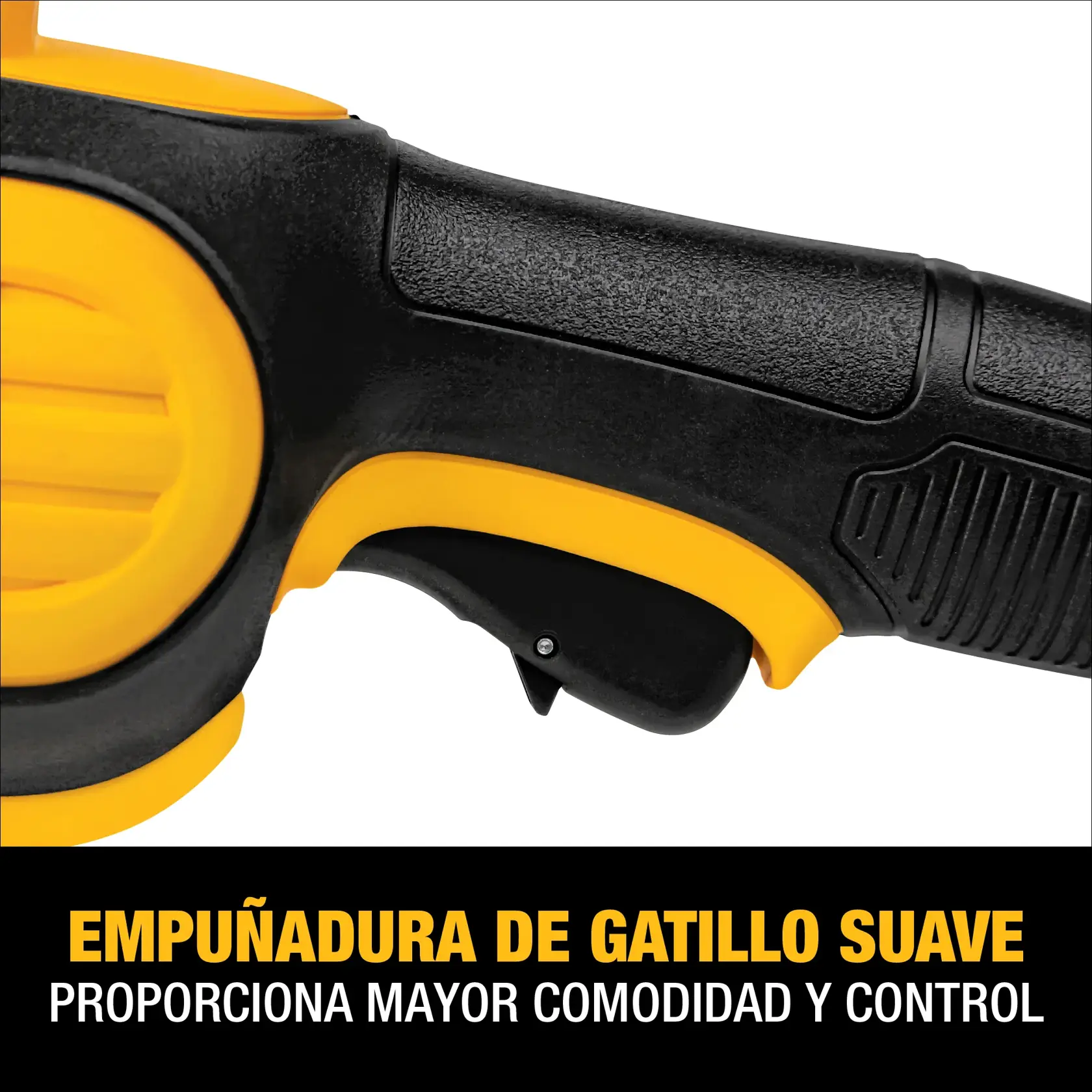 Primer plano de la empuñadura de una herramienta eléctrica DEWALT con gatillo suave, diseñada para mayor comodidad y control. La empuñadura es negra y amarilla, y hay un texto en español destacando la característica.