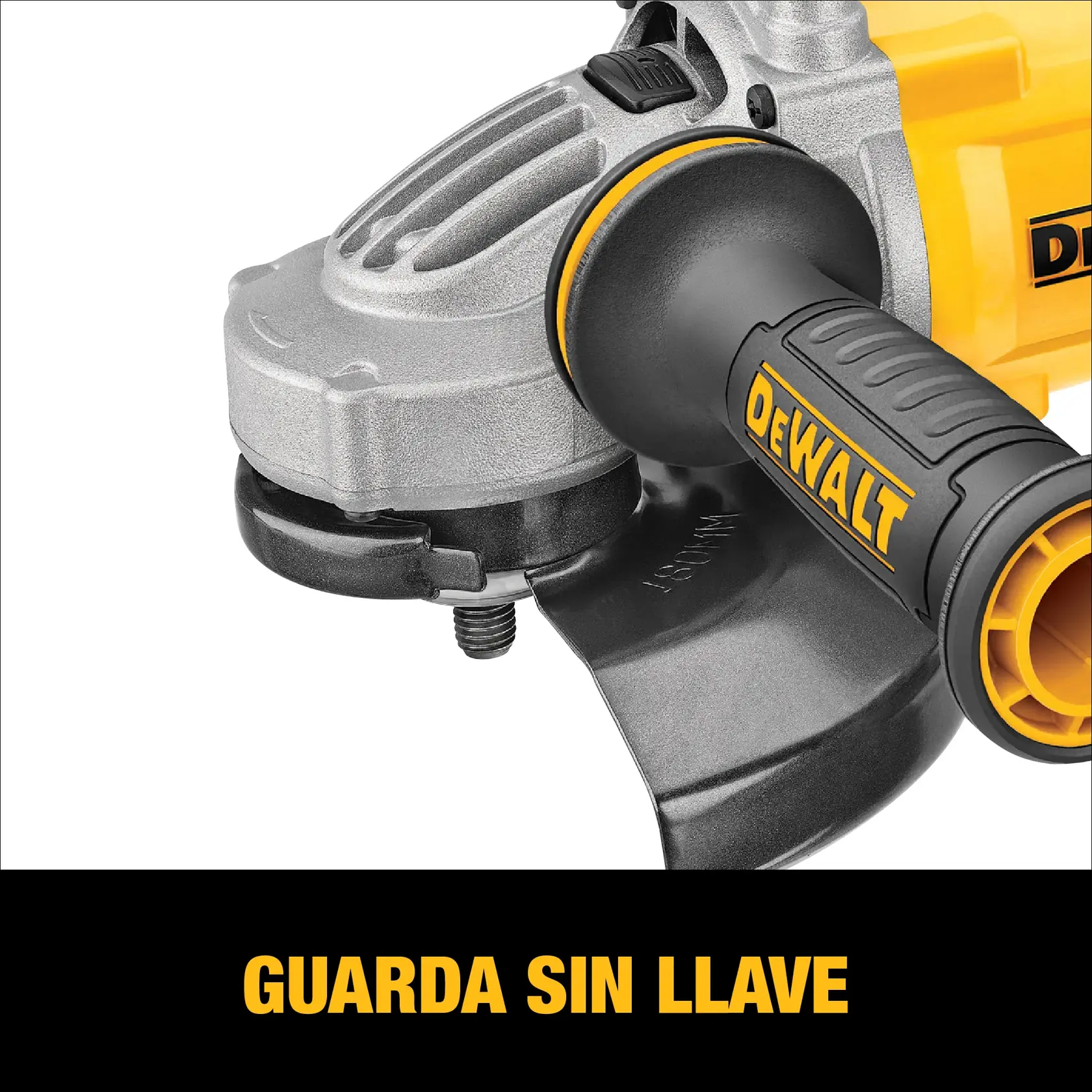 Primer plano de una amoladora angular DEWALT mostrando el mango y el protector. El texto en la parte inferior dice 'Guarda sin llave'.