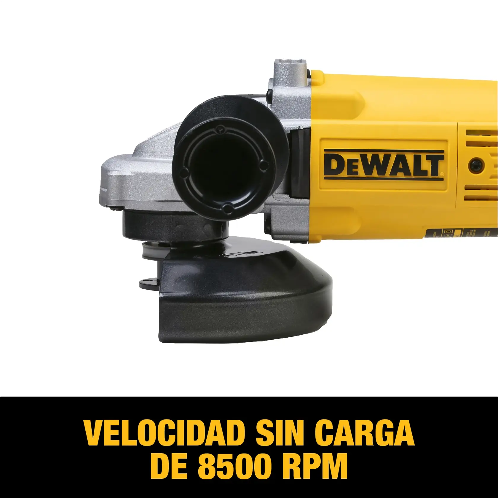 Vista lateral de una amoladora angular DEWALT con carcasa amarilla. El texto debajo de la imagen dice: 'Velocidad sin carga de 8500 RPM.'