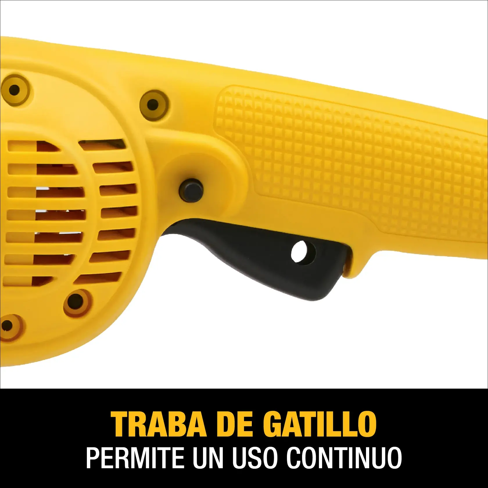 Primer plano del mango amarillo de una herramienta eléctrica DEWALT mostrando la traba de gatillo, con una etiqueta que indica que permite un uso continuo.