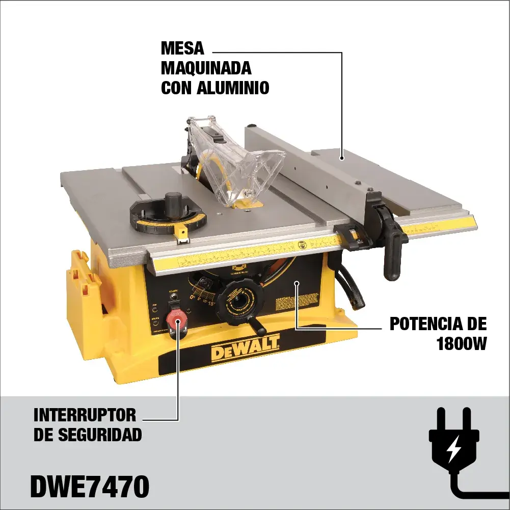 Imagen de una sierra de mesa DEWALT DWE7470, destacando su mesa maquinada con aluminio, potencia de 1800W y interruptor de seguridad.