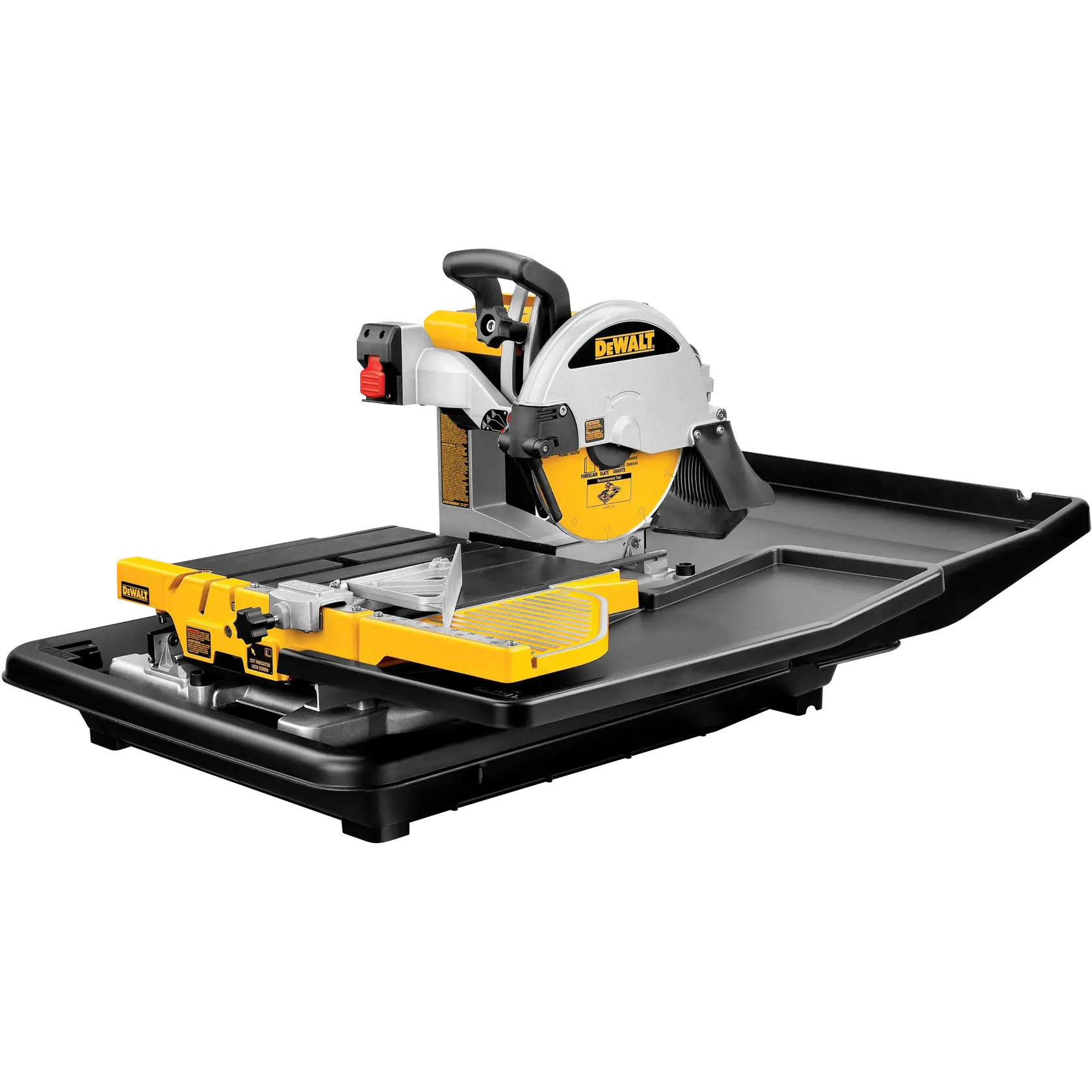 Una sierra para azulejos DEWALT D24000 con mesa deslizante, diseño amarillo y negro, utilizada para cortes precisos de azulejos.