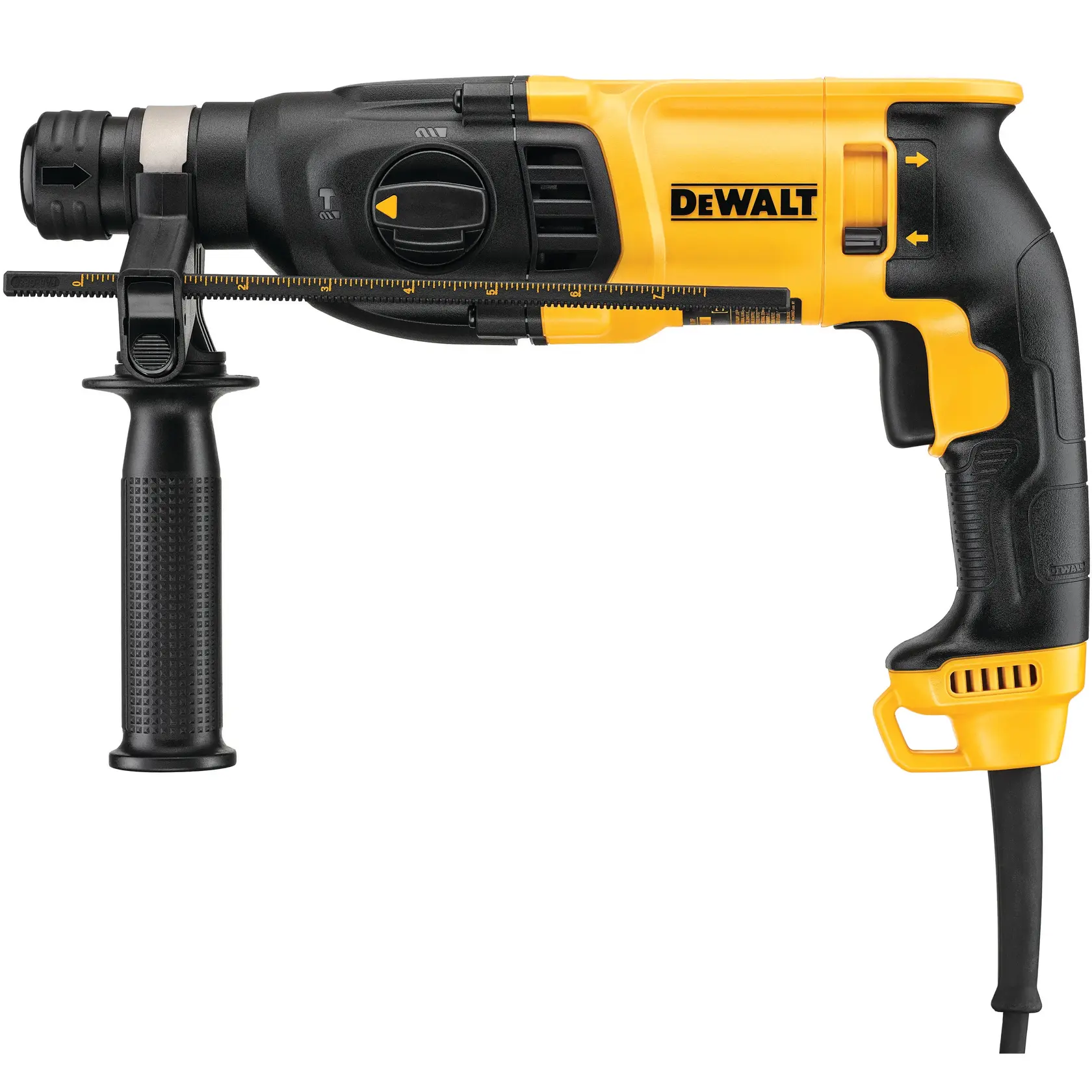 Taladro percutor rotativo con cable DEWALT D25133K en color negro y amarillo, con mango lateral y tope de profundidad.