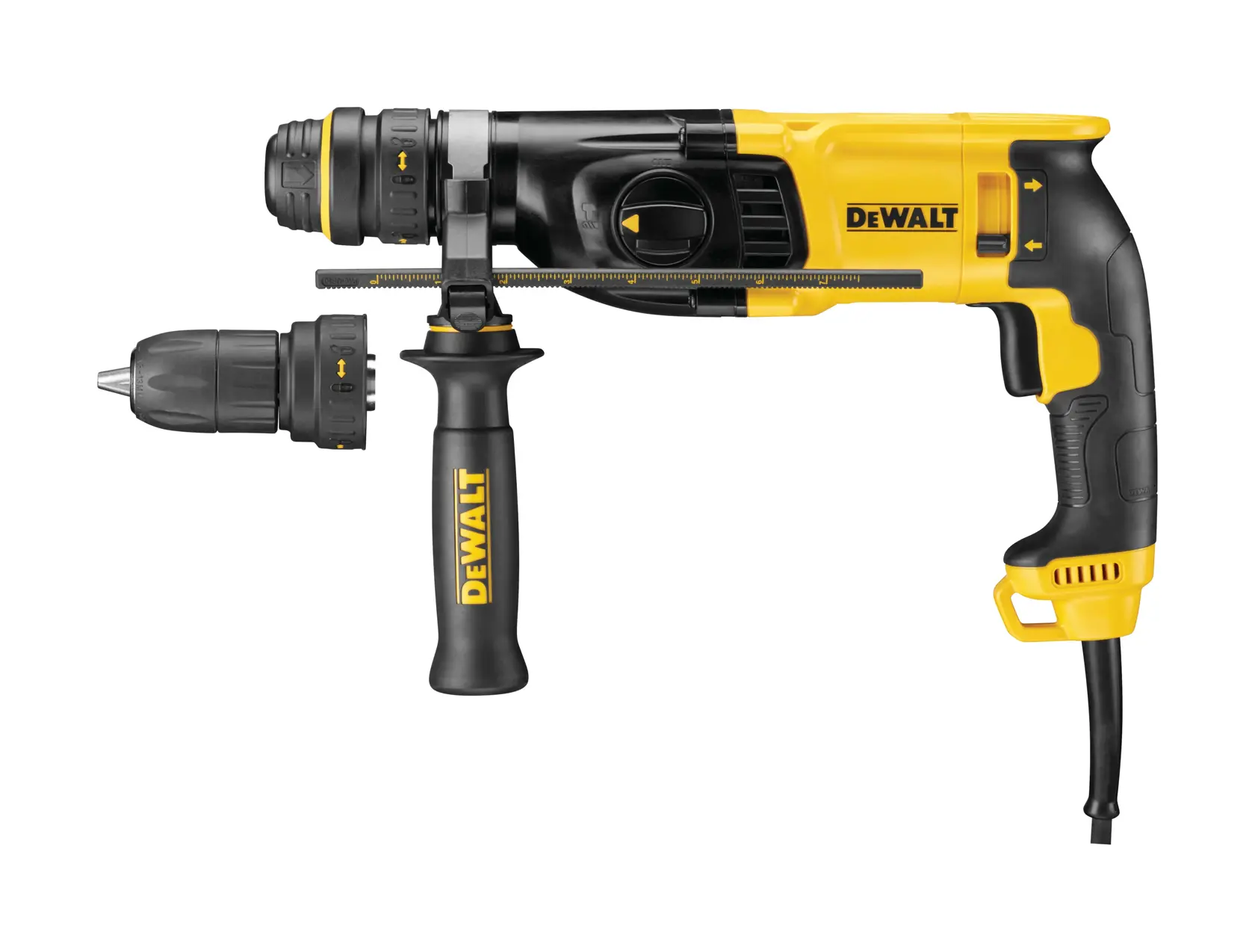 Martillo perforador con cable DEWALT amarillo y negro con empuñadura lateral y portabrocas desmontable, sobre fondo blanco.