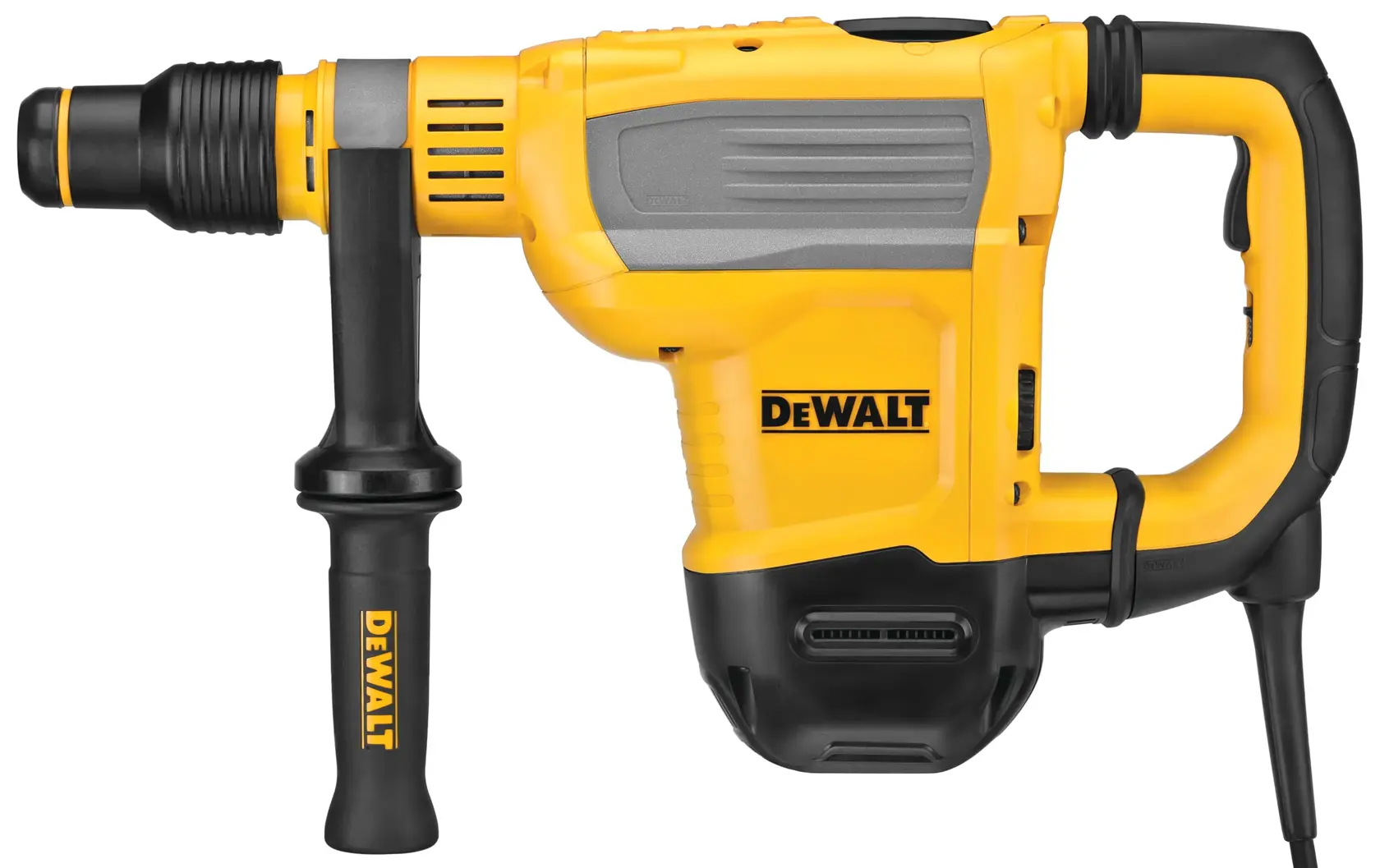 Martillo rotativo eléctrico DEWALT amarillo y negro con mango lateral, mostrado sobre un fondo blanco.