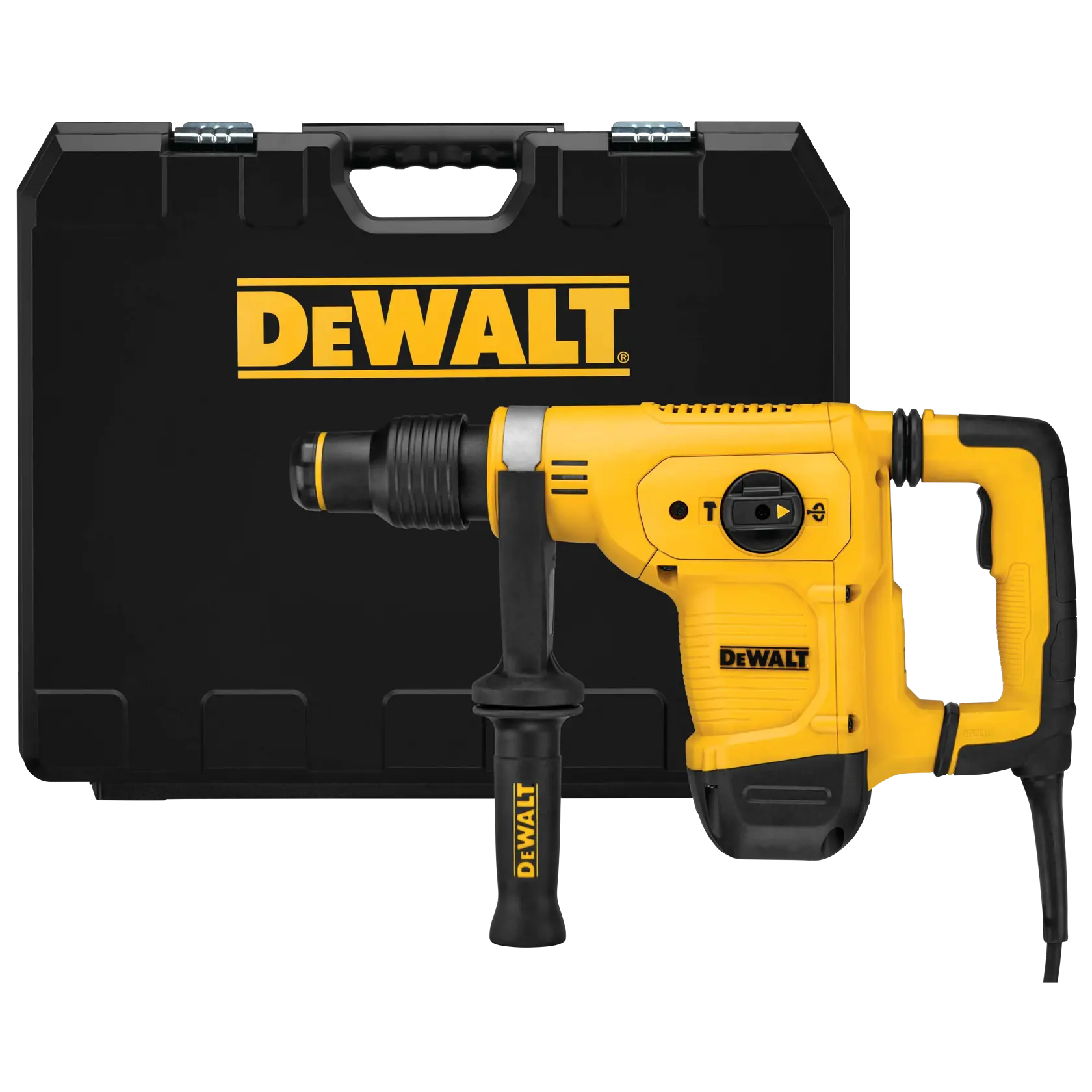 Un taladro rotativo amarillo DEWALT con un mango negro, mostrado frente a un estuche de transporte negro DEWALT.