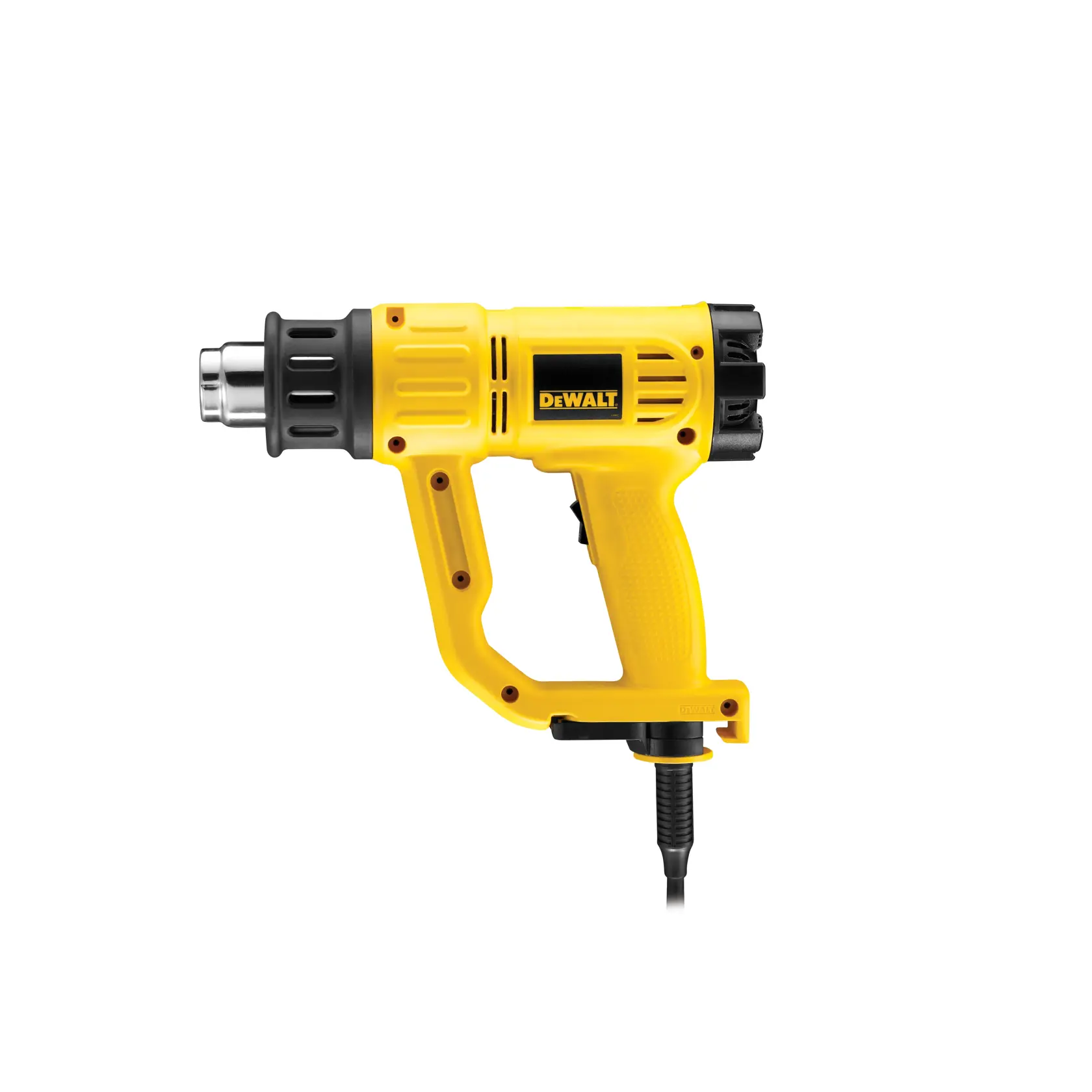 Pistola de calor DEWALT para fotografía, SKUs D26411, D26411-QS. Amarilla, con cable, ergonómica.