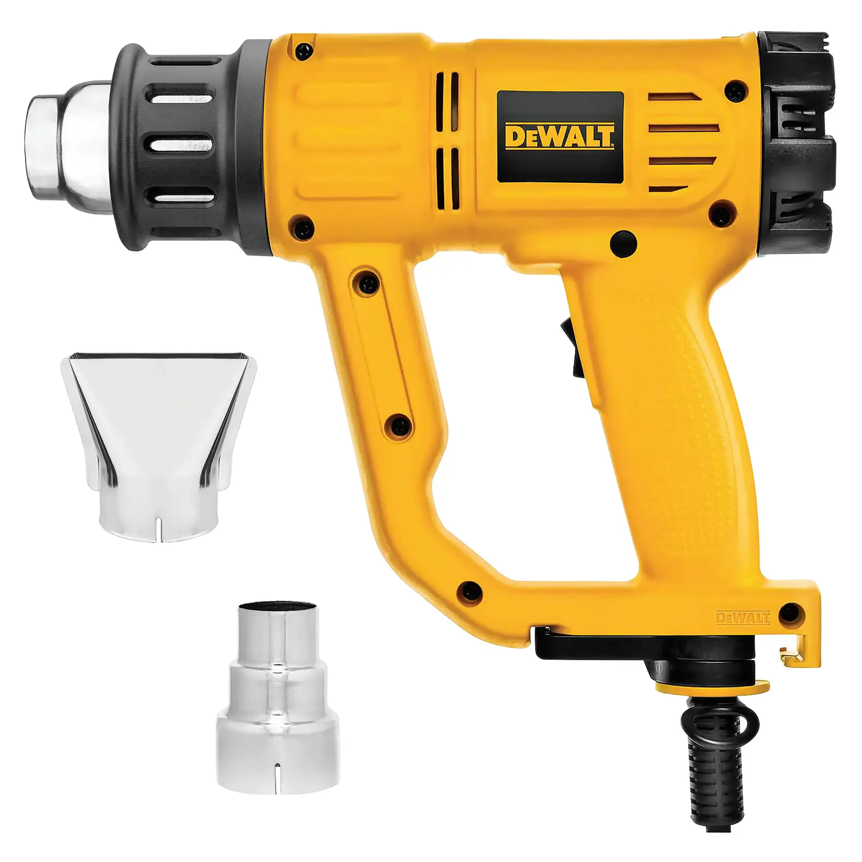 Pistola de calor DeWalt con boquillas, SKU D26411, D26411-B2, D26411-B3, D26411-B2C, D26411-BR, vista lateral.