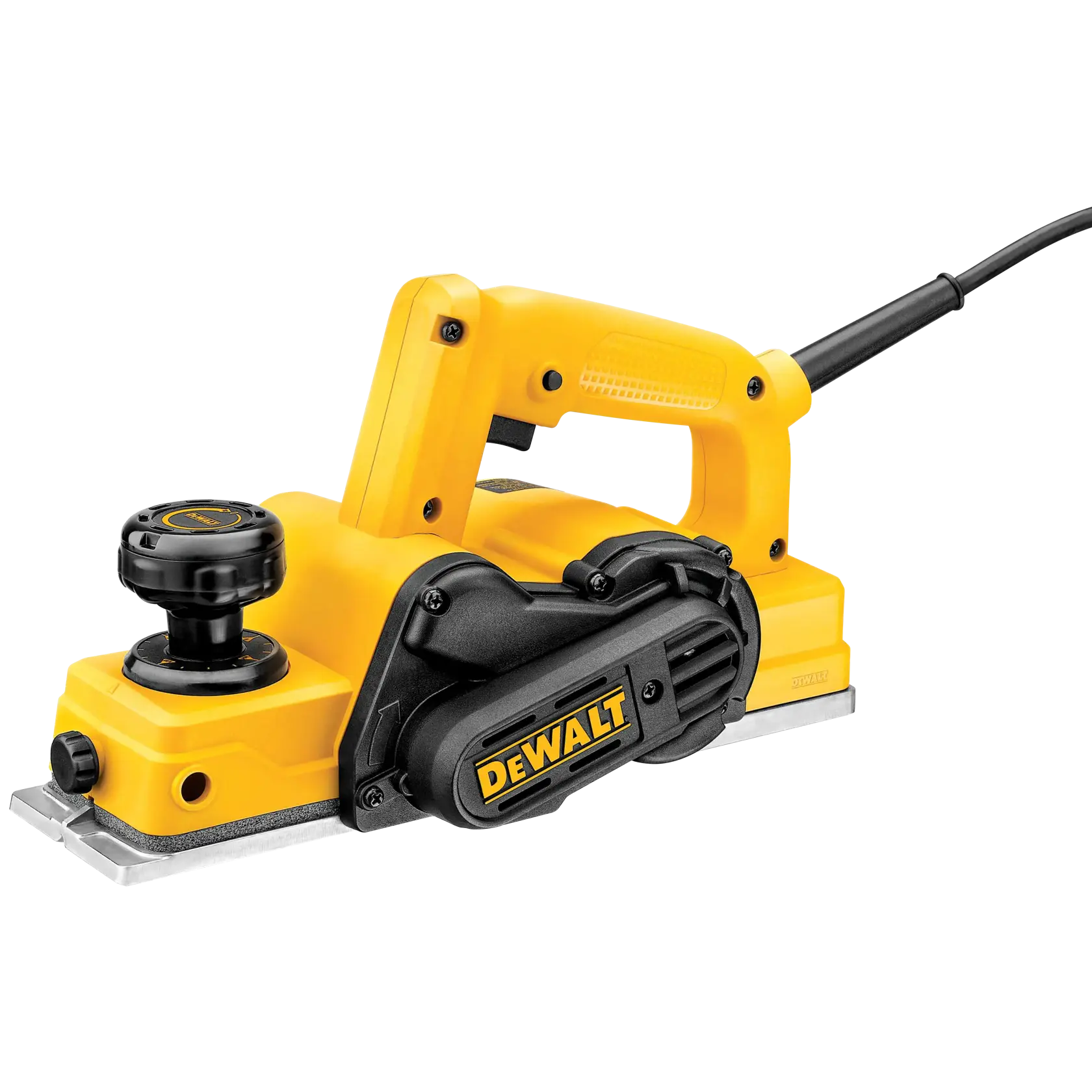 Cepillo eléctrico DEWALT con accesorios como guía metálica, llave y piezas de cuchilla sobre fondo blanco.