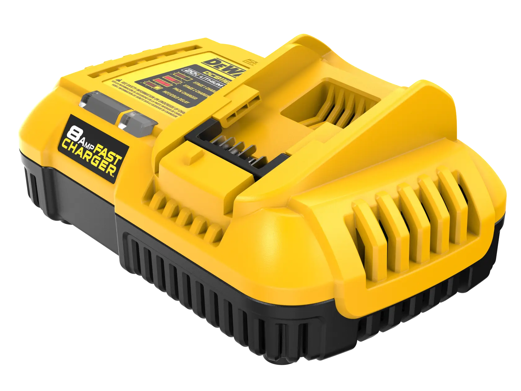 Cargador rápido de batería DEWALT de 8 amperios amarillo y negro para herramientas eléctricas, mostrado en perspectiva angular.