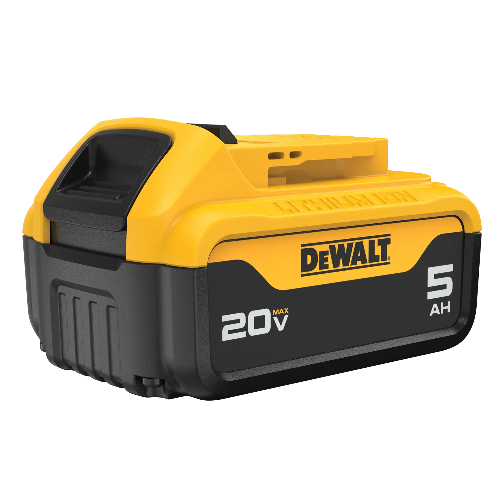 Una batería recargable de herramientas eléctricas DEWALT de ion de litio con voltaje máximo de 20V y capacidad de 5 amperios-hora, con diseño amarillo y negro.