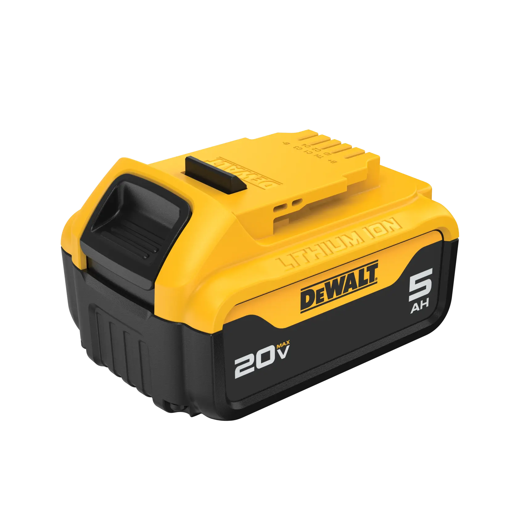 Batería de ion de litio DEWALT 20V MAX 5Ah, de color amarillo y negro, diseñada para herramientas eléctricas.