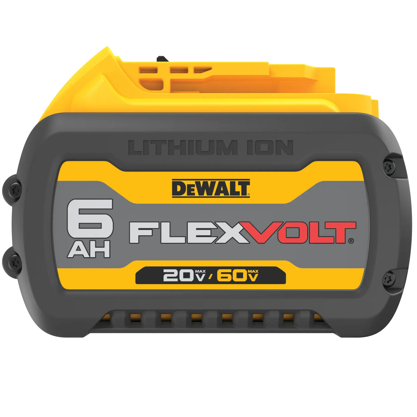 Batería de ion de litio DEWALT FLEXVOLT de 6Ah con carcasa amarilla y negra, mostrando especificaciones de voltaje máximo de 20V/60V.