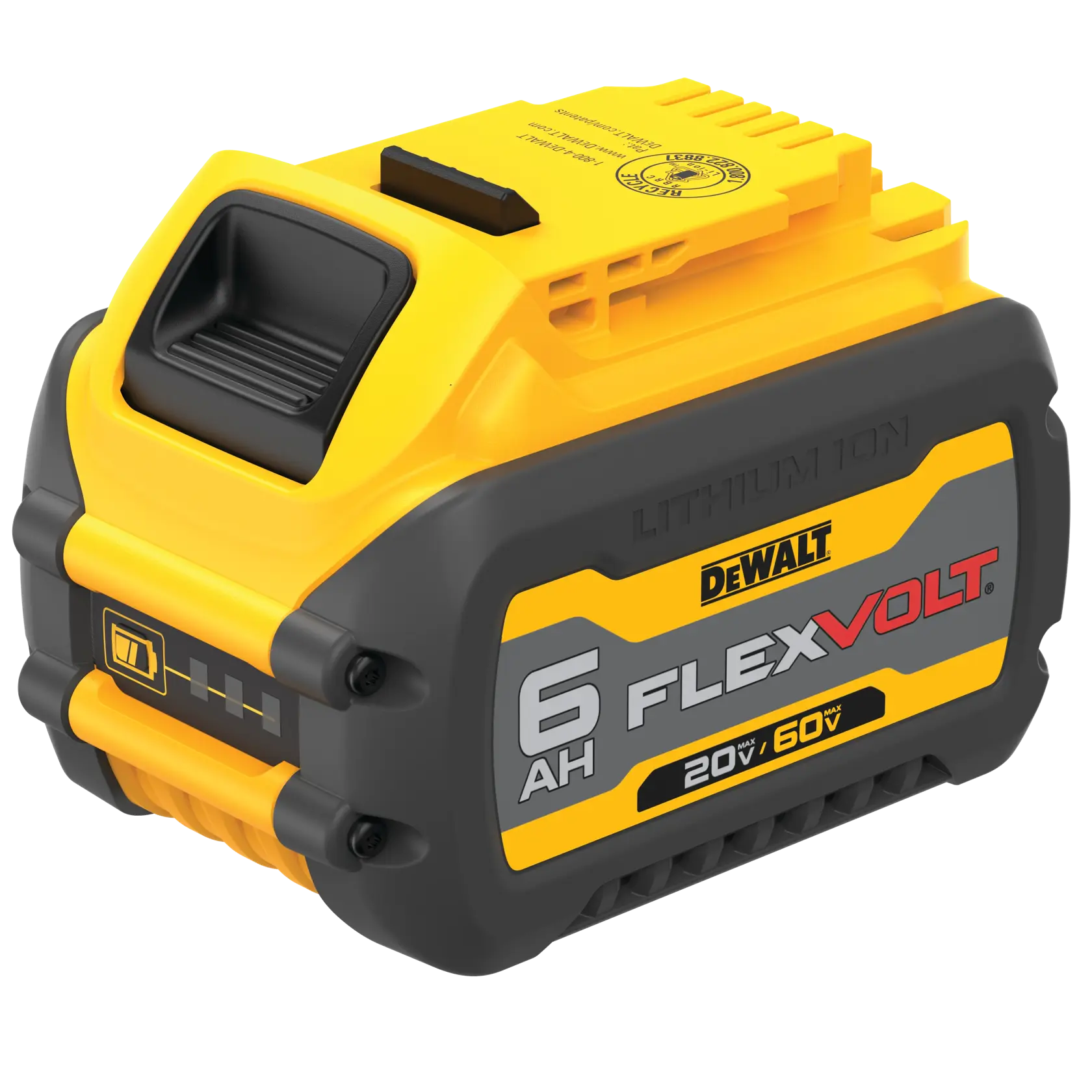 Imagen en primer plano de una batería de ion de litio DEWALT DCB606 FLEXVOLT. La batería es amarilla y negra, muestra una capacidad de 6 AH y funciona a 20V/60V máx. El logotipo de DEWALT es visible.