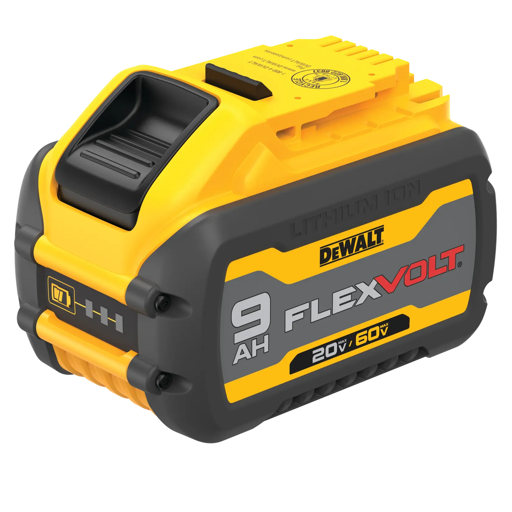 Batería DEWALT FLEXVOLT 9Ah 20V/60V de ion de litio para herramientas eléctricas, en amarillo y negro.