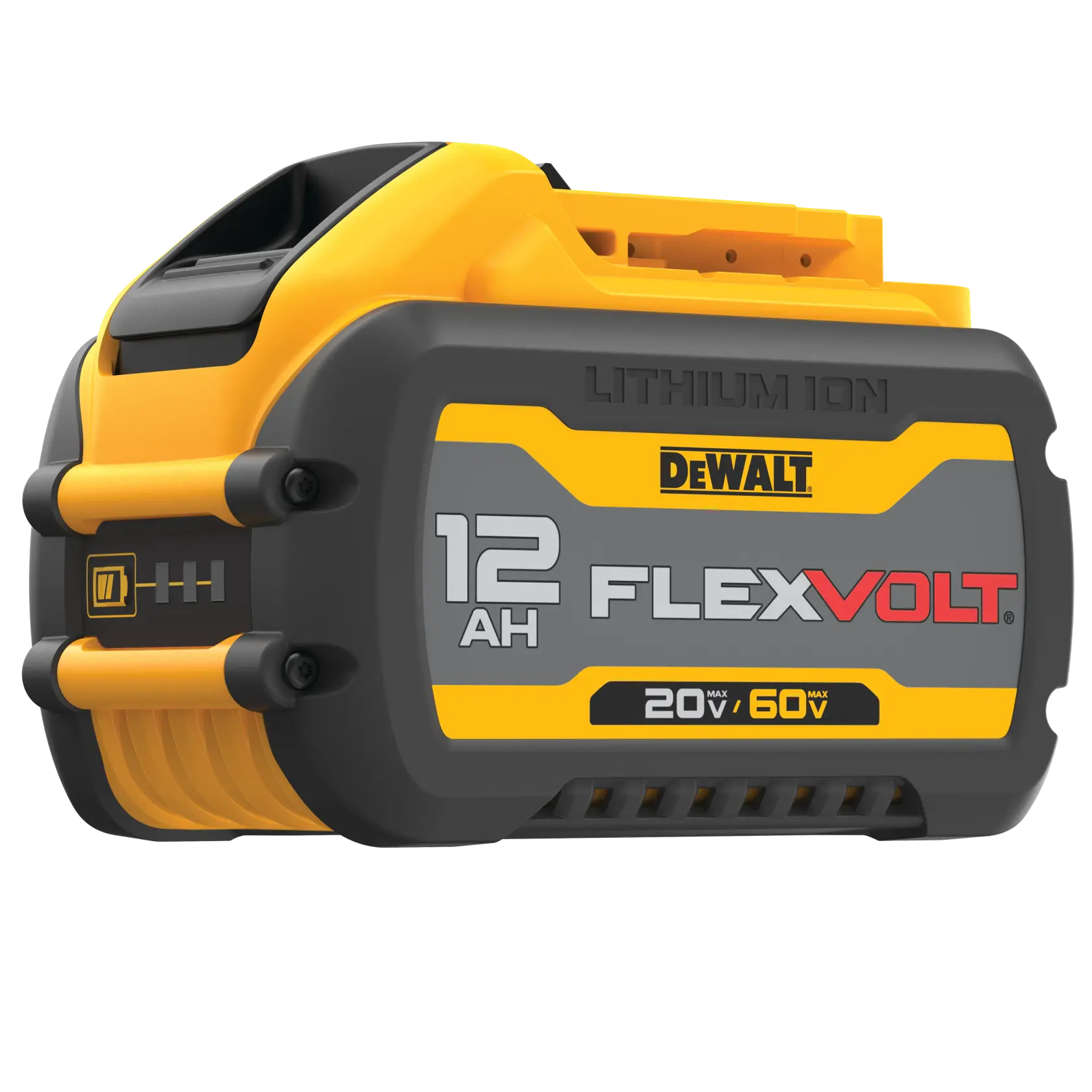 Una batería de iones de litio DEWALT FLEXVOLT con capacidad de 12 amperios-hora (AH). La batería tiene colores amarillo, negro y gris, con voltajes indicados de 20V y 60V, y la marca y especificaciones visibles en el lateral.