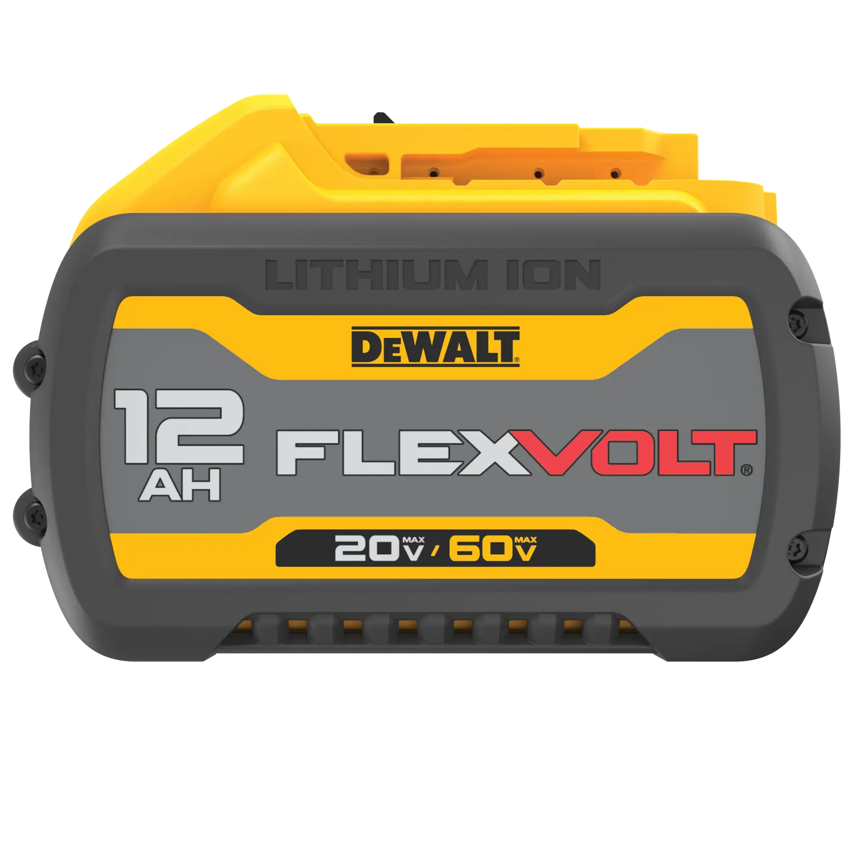 Batería de ion de litio DEWALT FLEXVOLT 12 AH, 20V/60V máximo, mostrada en una carcasa amarilla y gris.