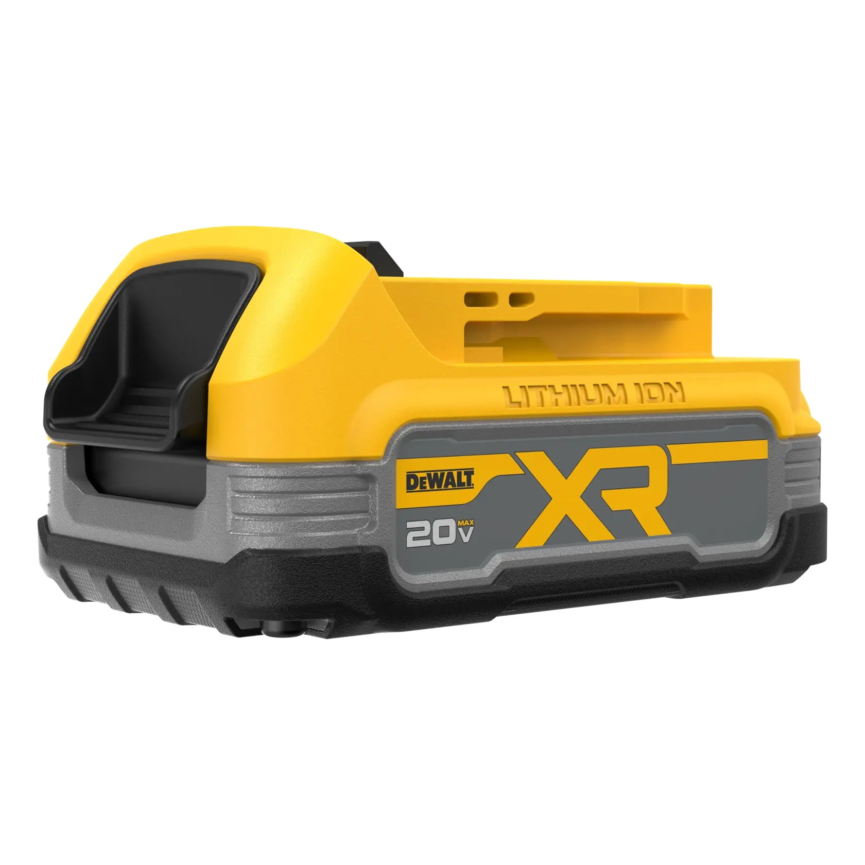 Batería DEWALT XR POWERSTACK 18V de iones de litio, amarilla y gris, sobre fondo blanco.