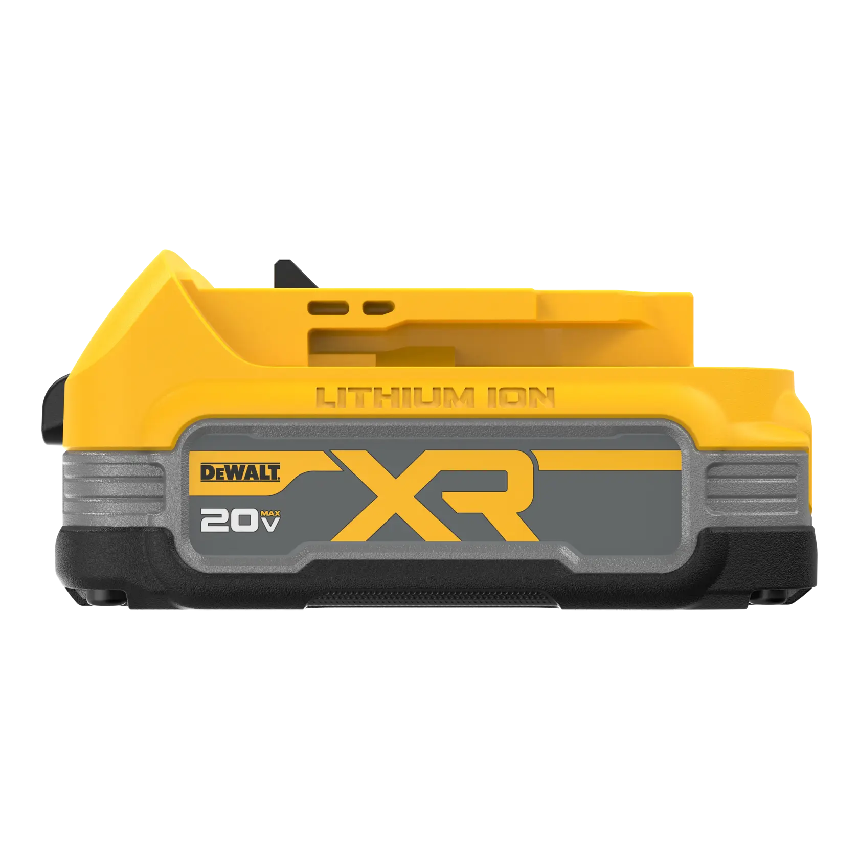 Una batería de ion de litio DEWALT 20V MAX XR, modelo DCBP034, mostrada en primer plano con carcasa amarilla y negra y el logo XR en el lateral.