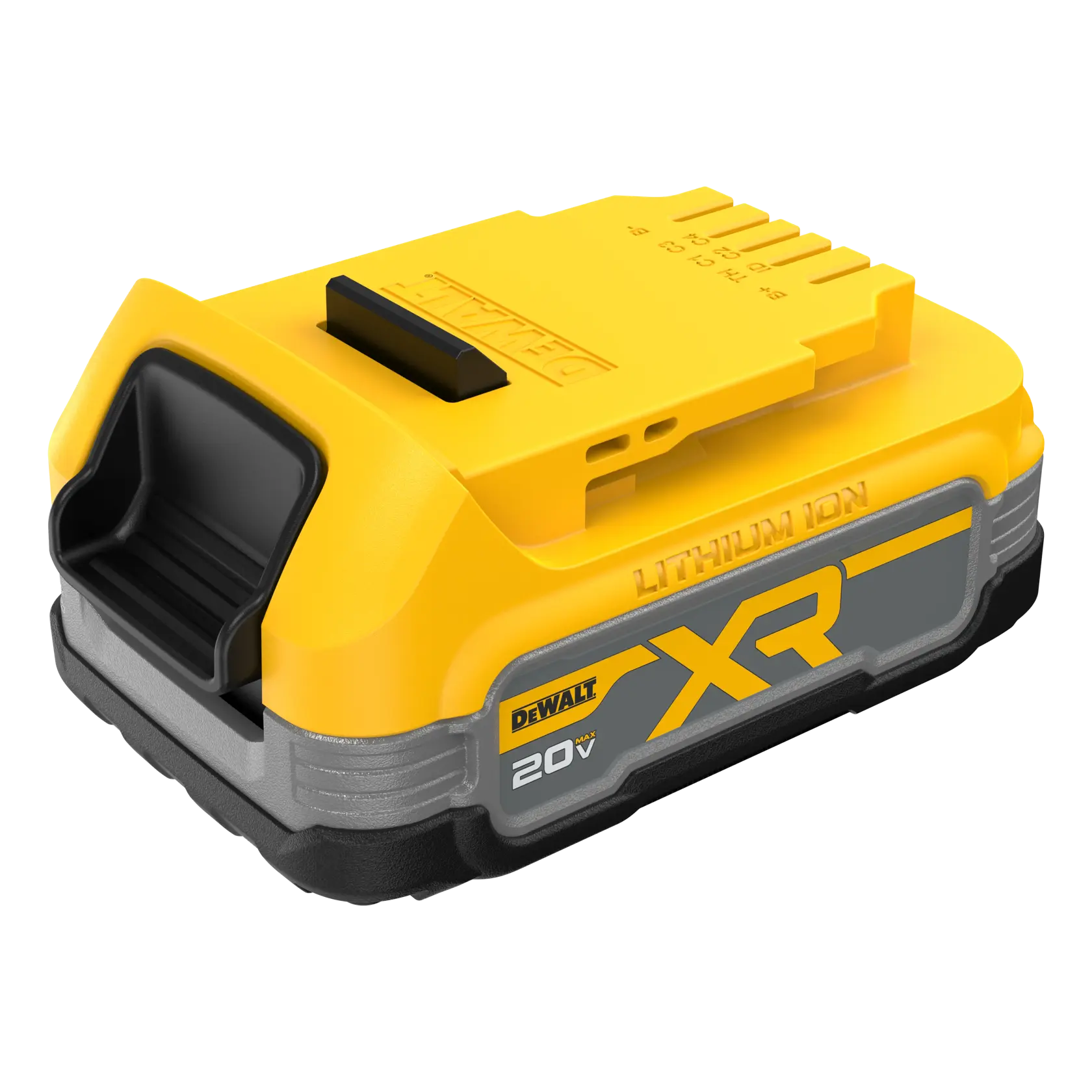 Una batería de litio-ion DEWALT XR 20V con carcasa amarilla y negra, diseñada para herramientas eléctricas DEWALT.